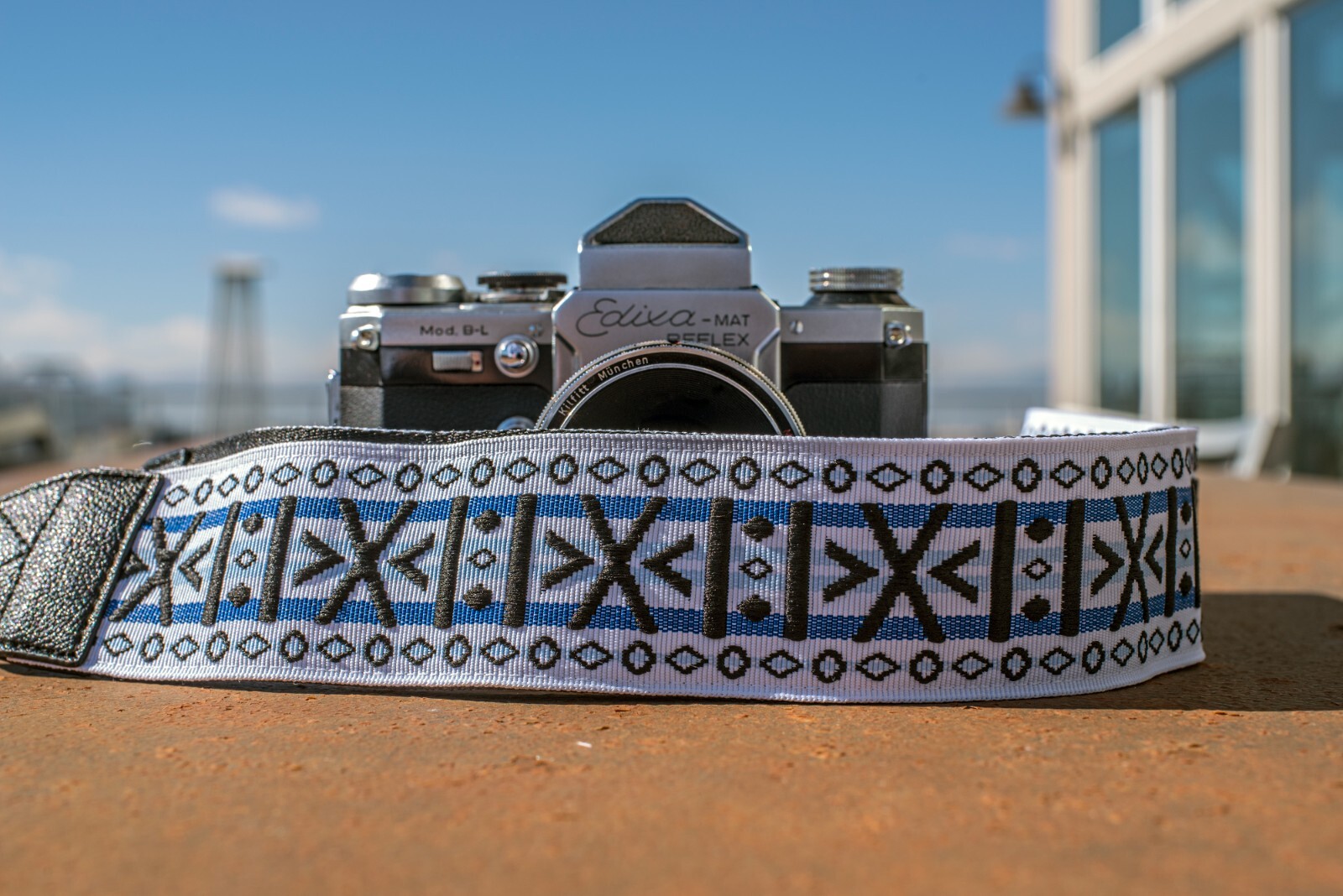 Stunning White, Blue, and Black Geometric Pattern Hippie-inspired Camera Strap