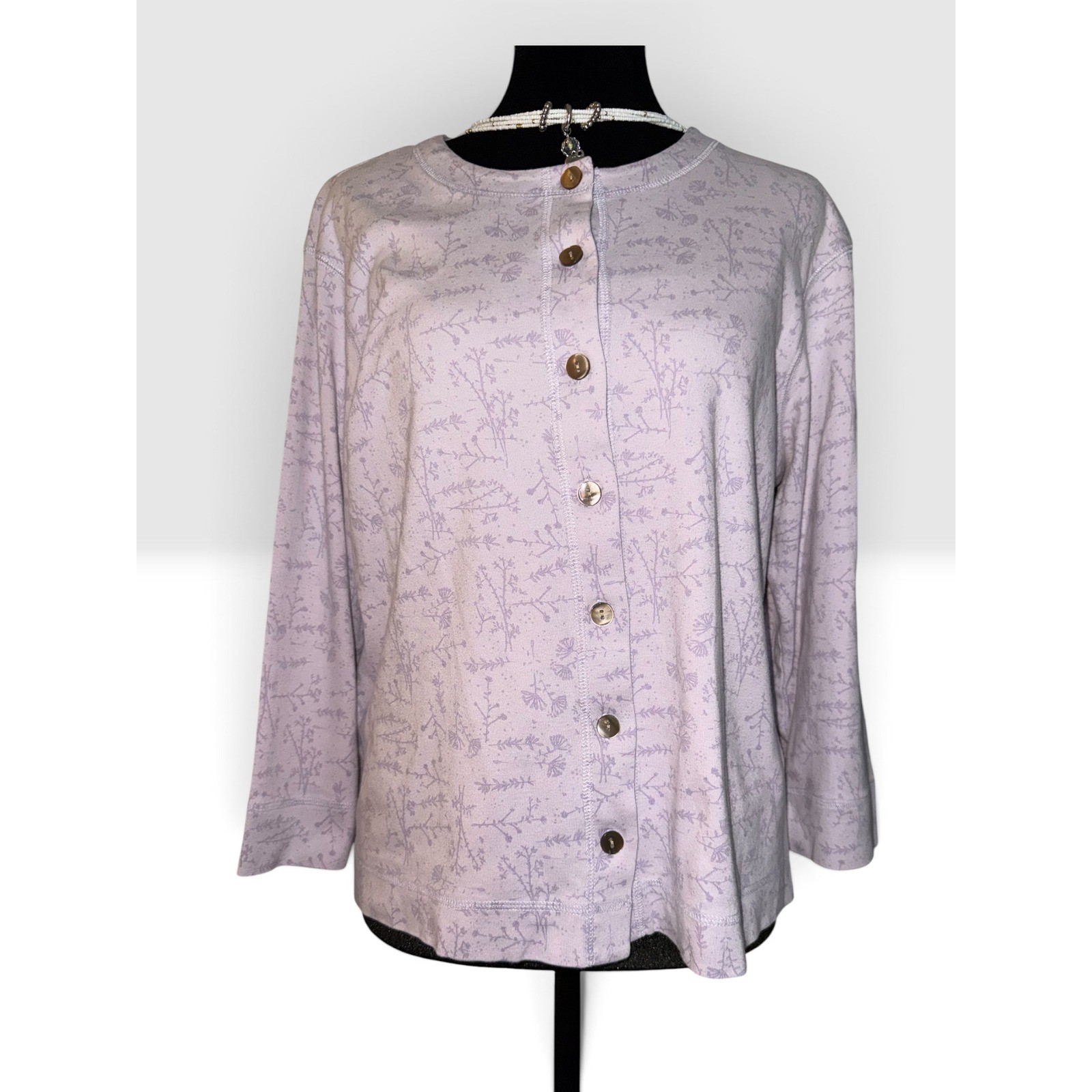 J. Jill Lavender Purple Botanical Print Cotton Button Front Cardigan Top Large