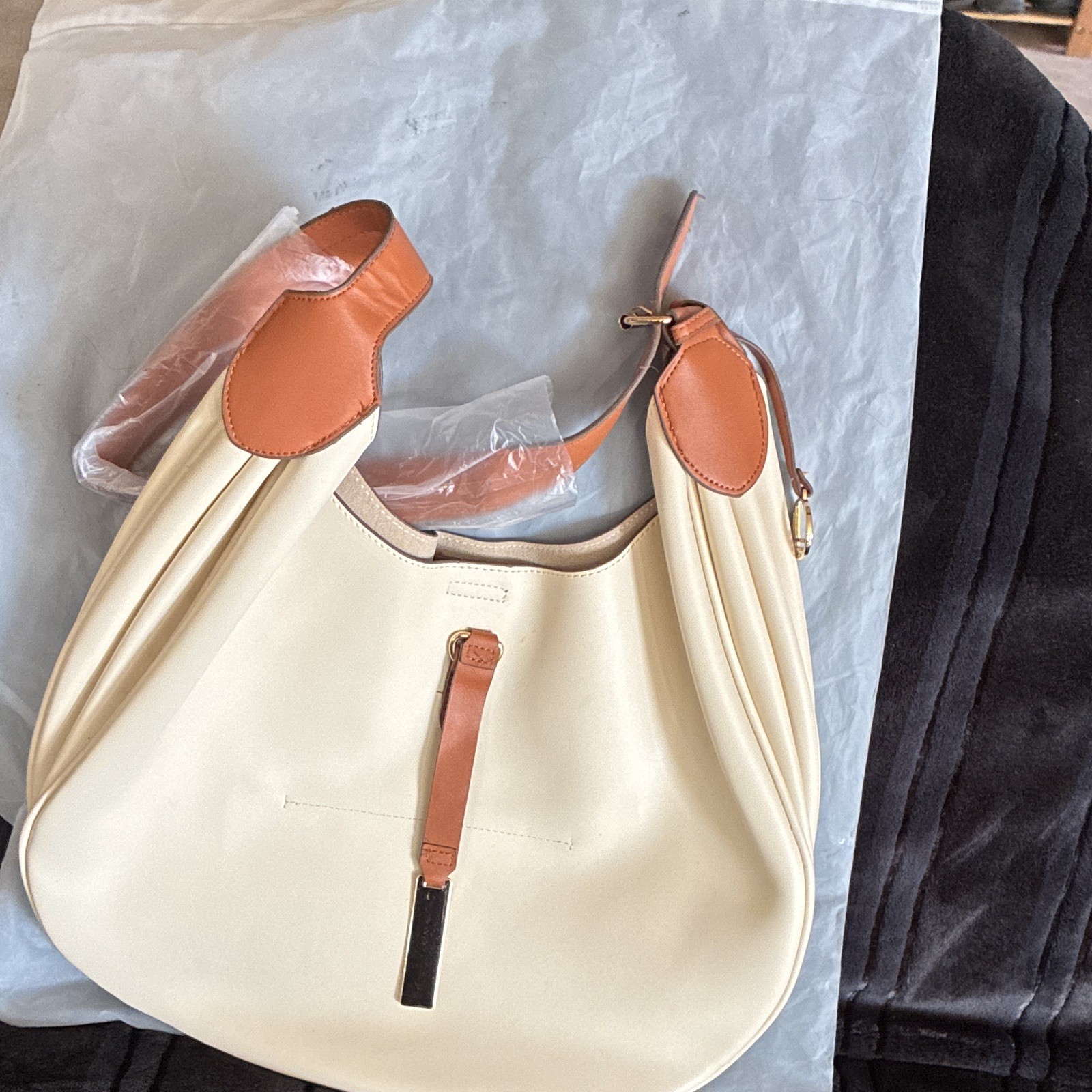 LouLu Ivory Brown Crescent Shoulder Bag Zip Gold Hardware Dust Bag Pockets