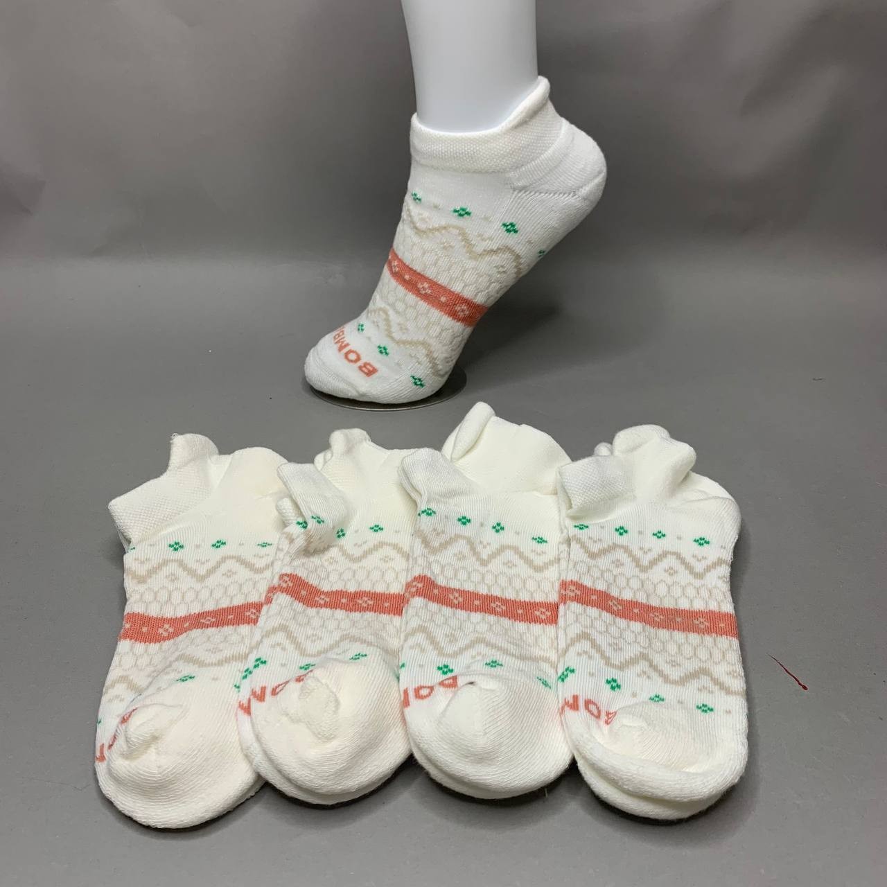 Bombas Women's Ankle Socks 4 Pair Pack Cream Peach Fair Isle Size S M L New