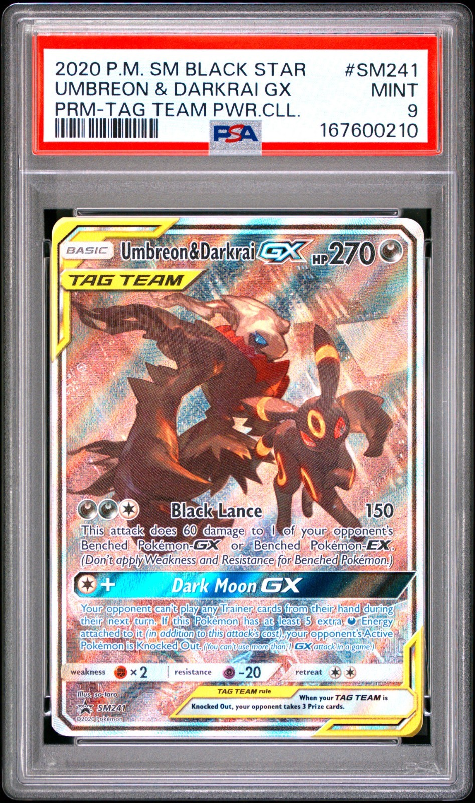2020 POKEMON SM BLACK STAR PROMO #SM241 UMBREON & DARKRAI GX PSA 9
