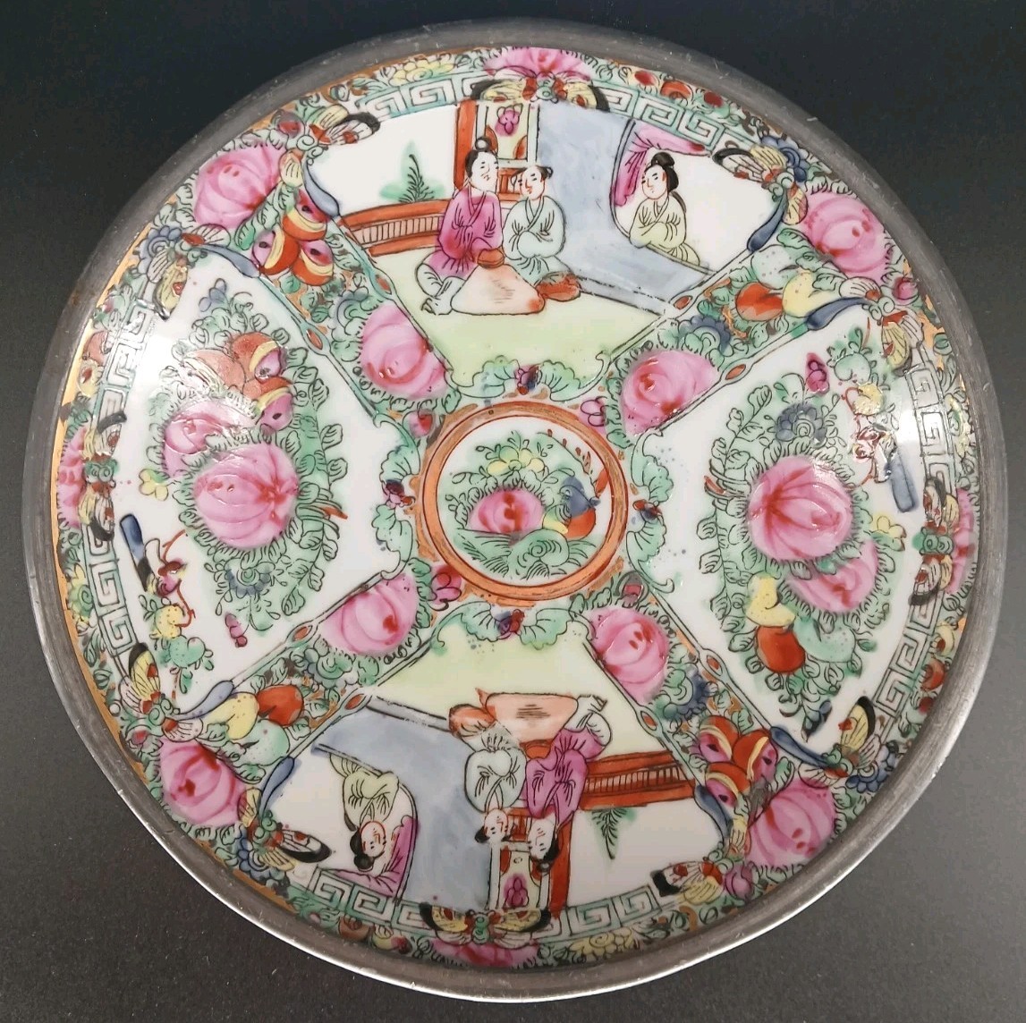 Vintage ACF Rose Medallion Japanese Porcelain Pewter Bowl Hong Kong 7.5\