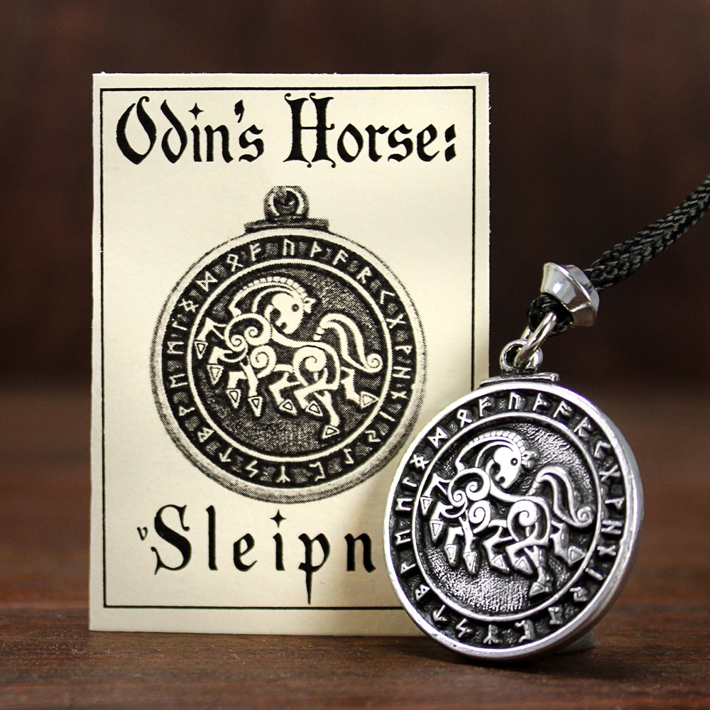Pewter Norse God Odin Sleipnir Necklace Horse Pendant Viking Asatru Rune Jewelry