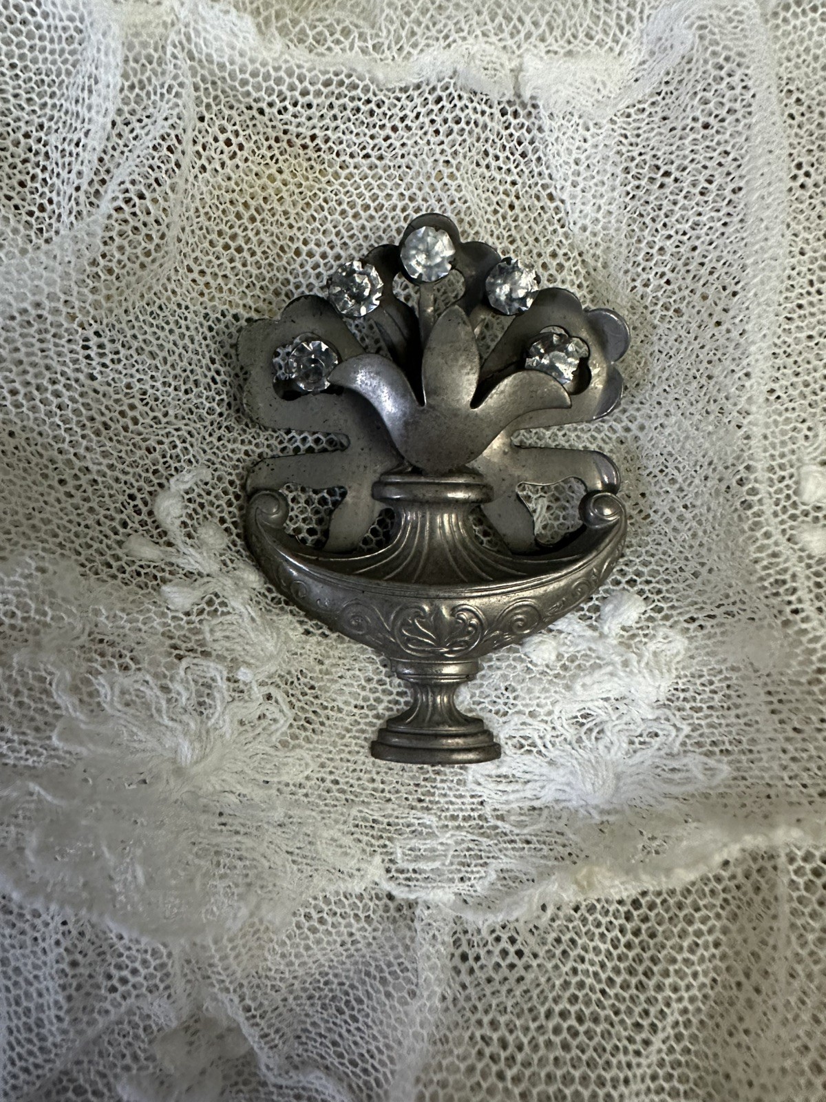 Antique Art Deco Era Mourning Brooch Urn Glass Rhinestone Flowers 1920s 1930s 
