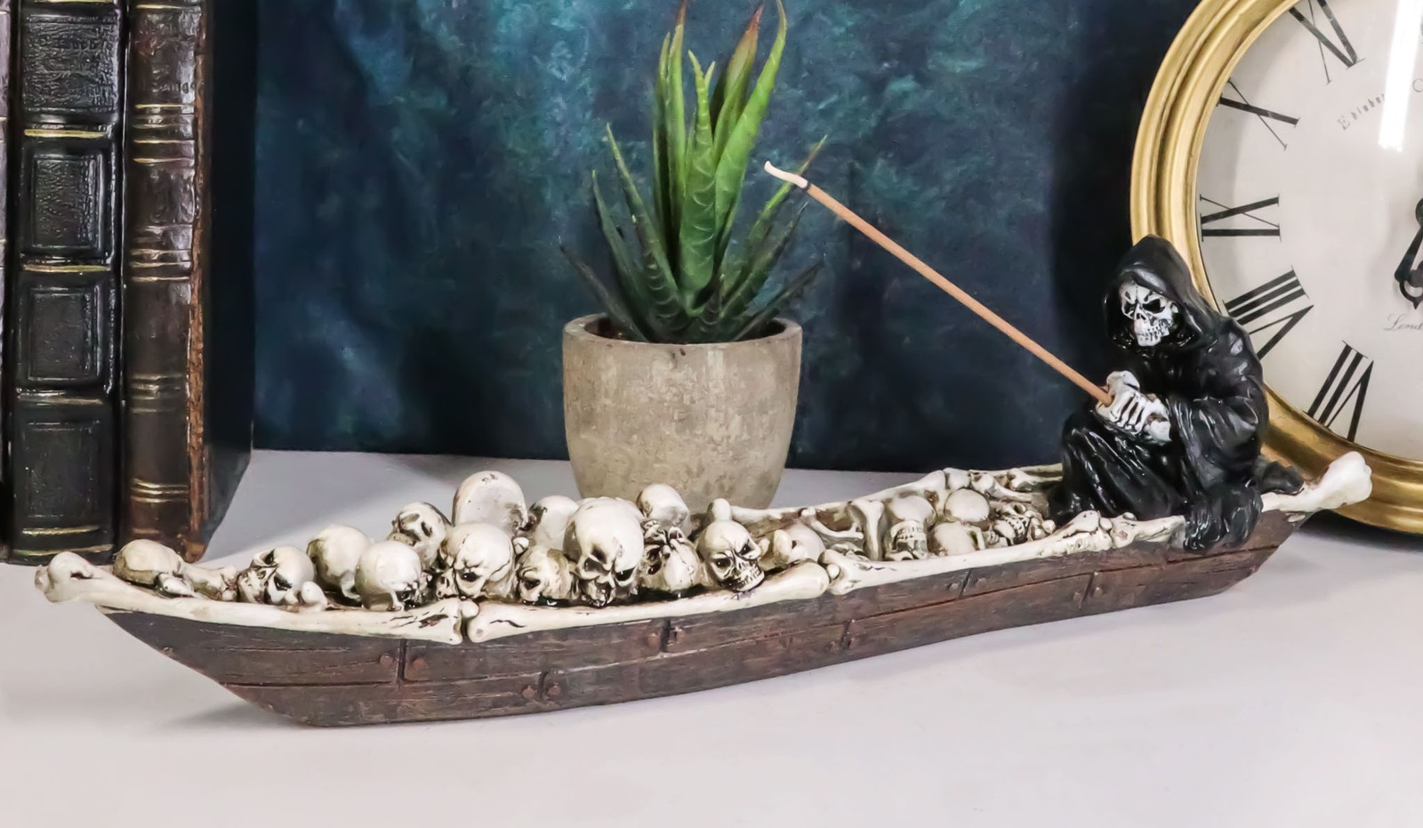 Ebros Charon Grim Reaper Fishing On Boat Of Skulls Incense Burner Statue 11.5\