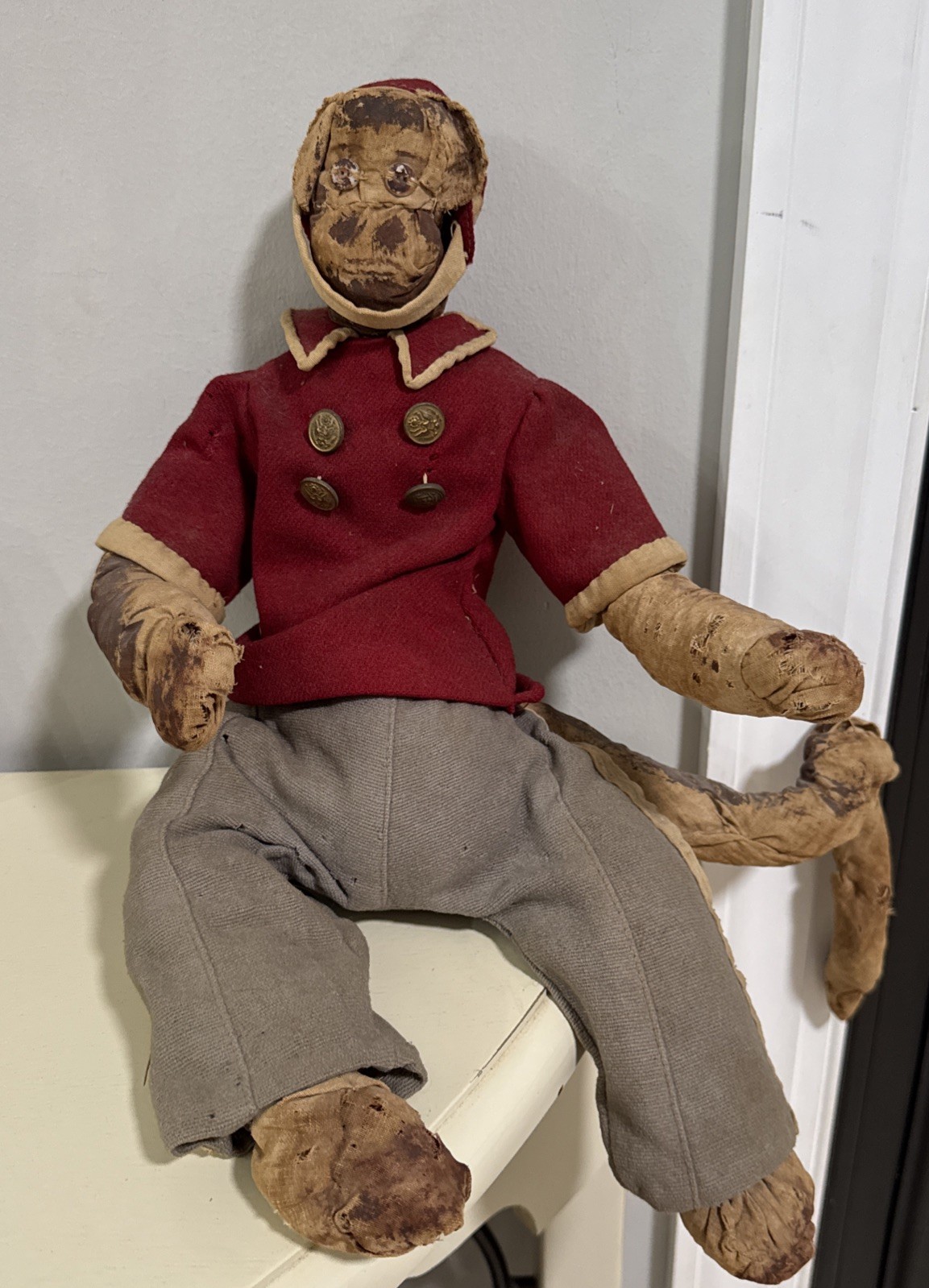 Unusual Antique Handmade, Straw Stuffed Hand Painted, Folk Art Monkey Early 1900