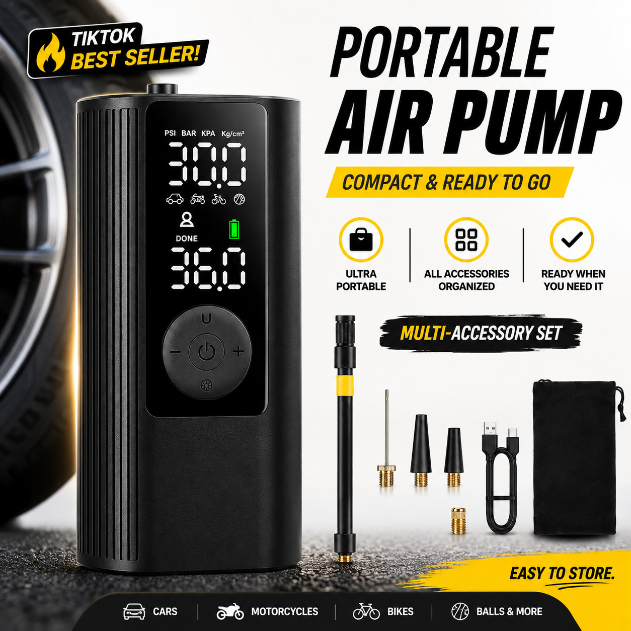 150PSI Cordless Tire Inflator 32L/Min Digital Air Compressor Auto Stop LED