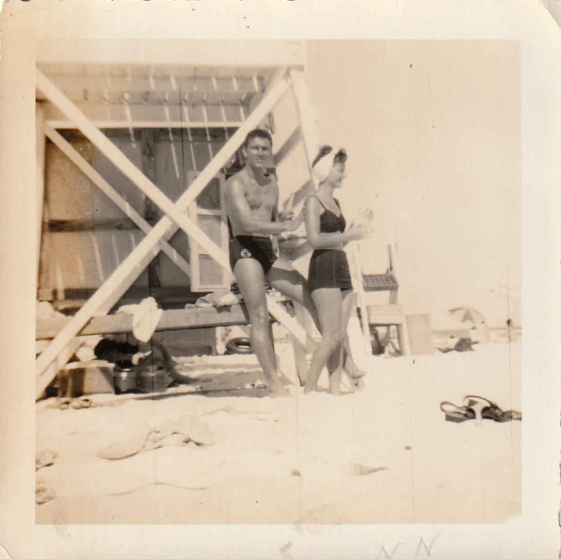Vintage Photo 1947 Handsome Beach Couple Suntan Lotion Bathing Suits Florida USA