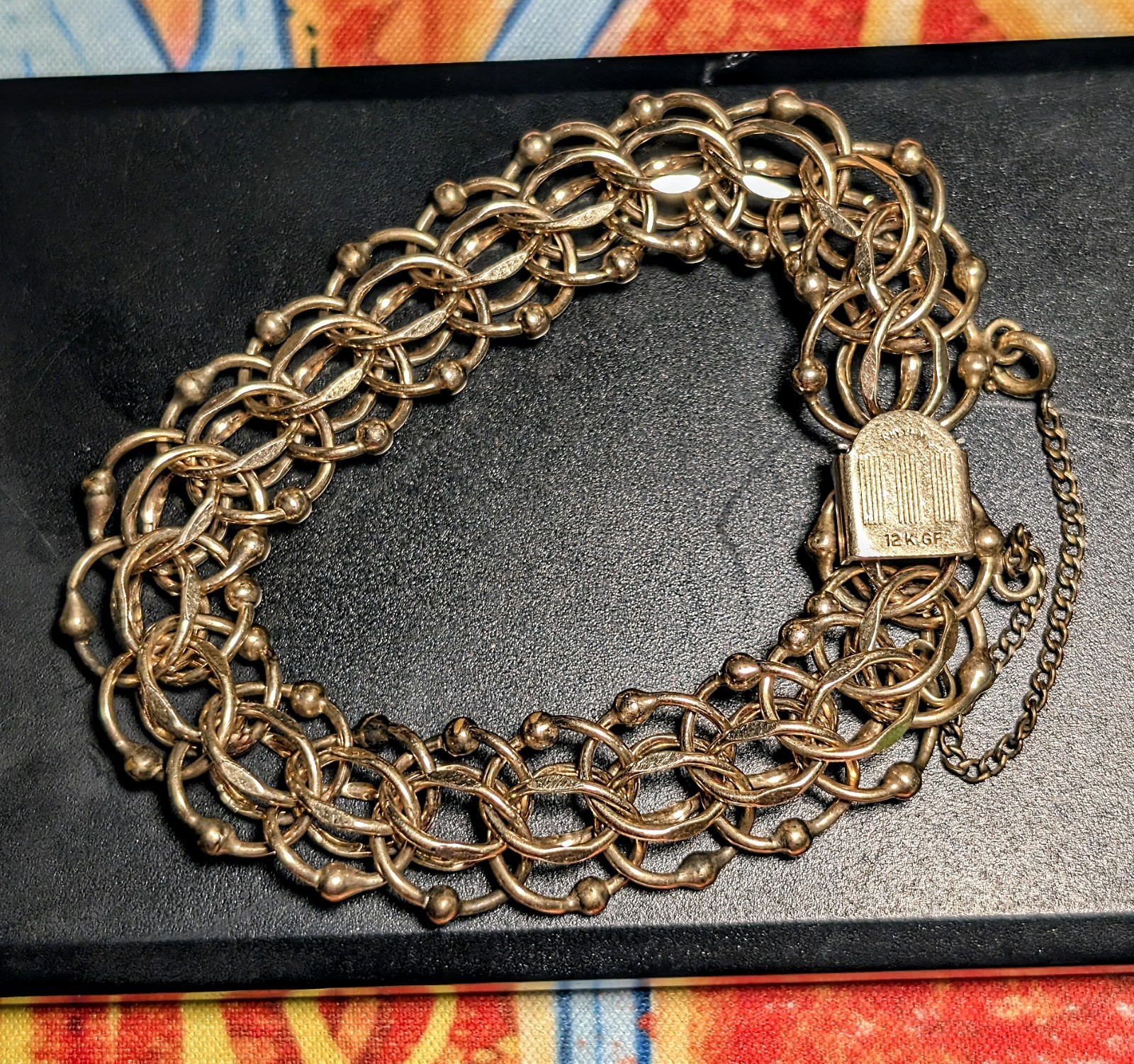 Vintage Rhythm 12K Gold Filled Wide Double Link Charm Bracelet GF 21.52 Grams