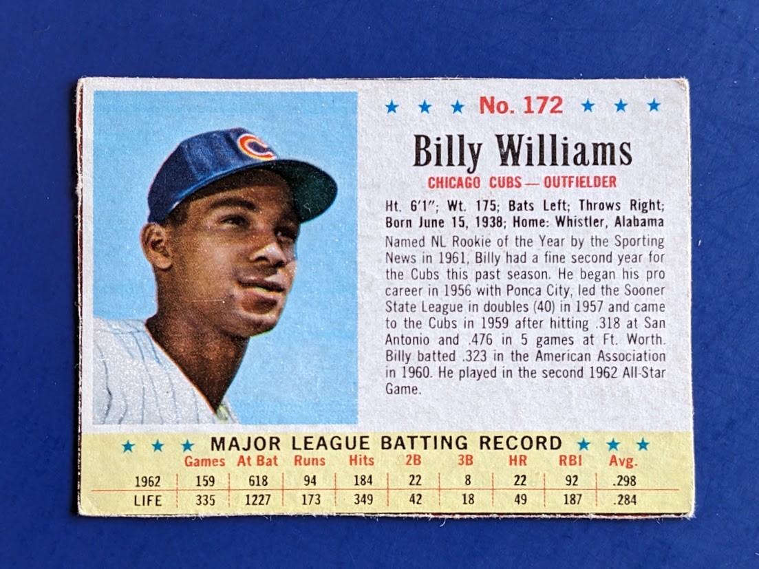 1963 Post Cereal - Billy Williams HOF #172 Chicago Cubs SHORT PRINT  CREASE FREE