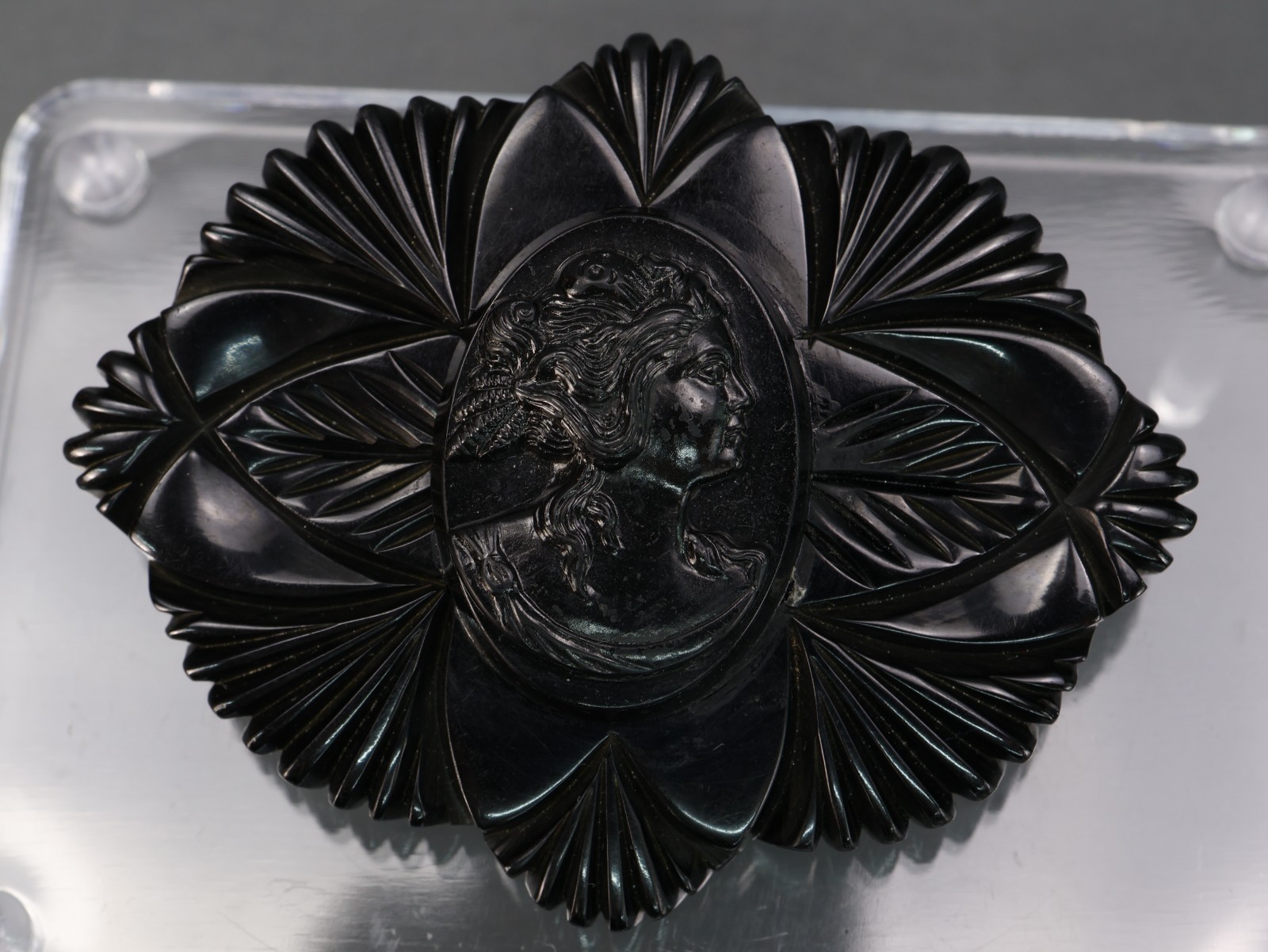 Vintage Black Bakelite Mourning Cameo Brooch Carved Fan Frame Pin 2.59 in Tested