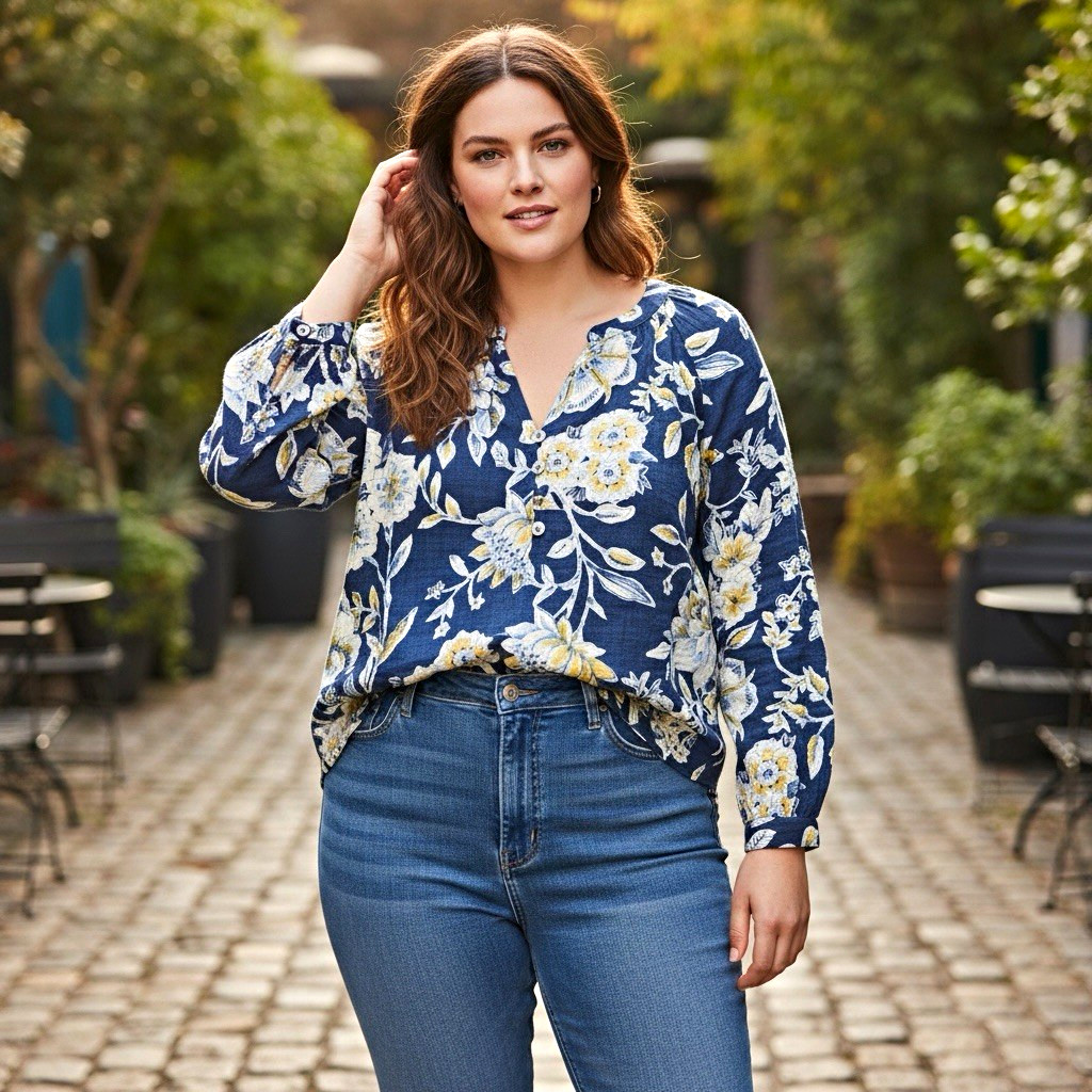 Talbots Women\'s plus 1X Blue Yellow Floral Split Neck 100% cotton Blouse Talbots Women\'s plus 1X Blue Yellow Floral Split Neck 100% cotton Blouse