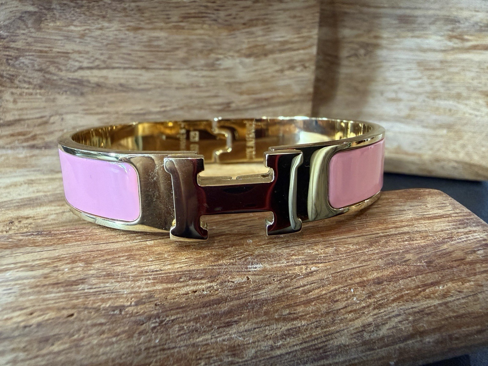 Authentic Hermès Clic Clac H Bracelet Pink Enamel & Gold Hardware PM