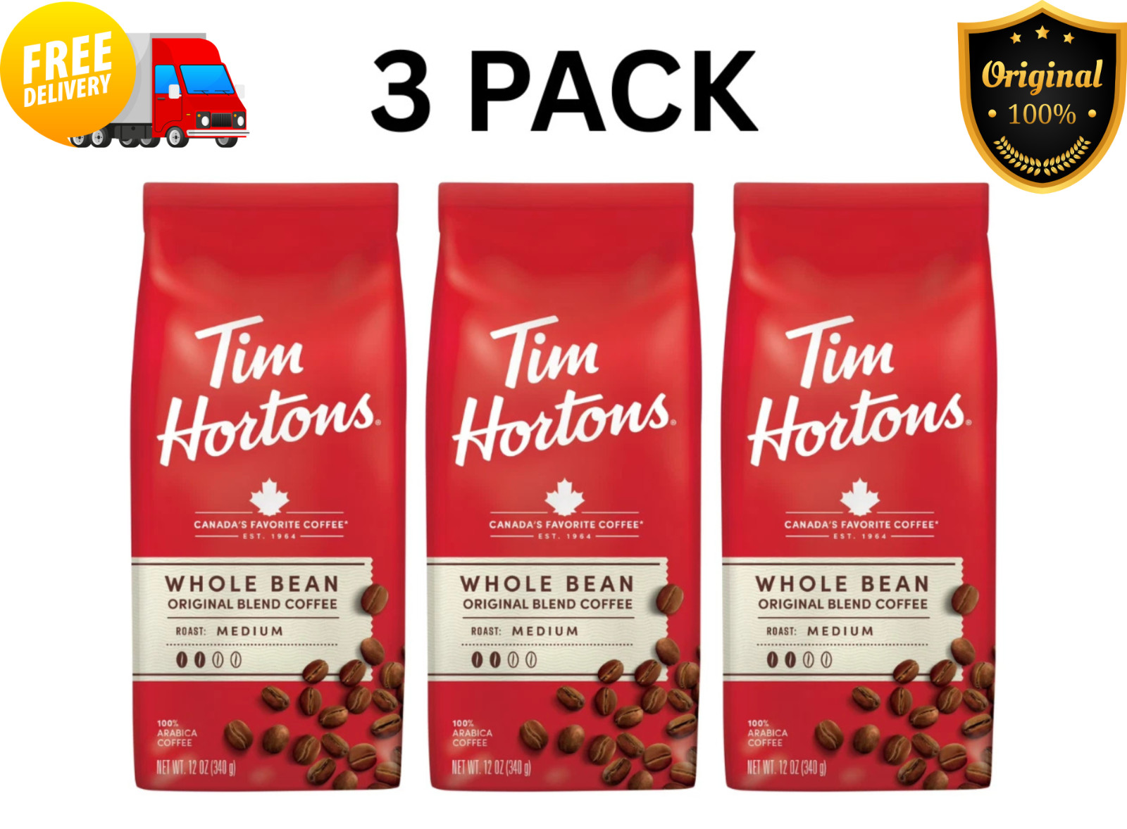 Tim Hortons Medium Roast Coffee Beans Whole Bean 12oz Organic Arabica 3 Pack Tim Hortons Medium Roast Coffee Beans Whole Bean 12oz Organic Arabica 3 Pack