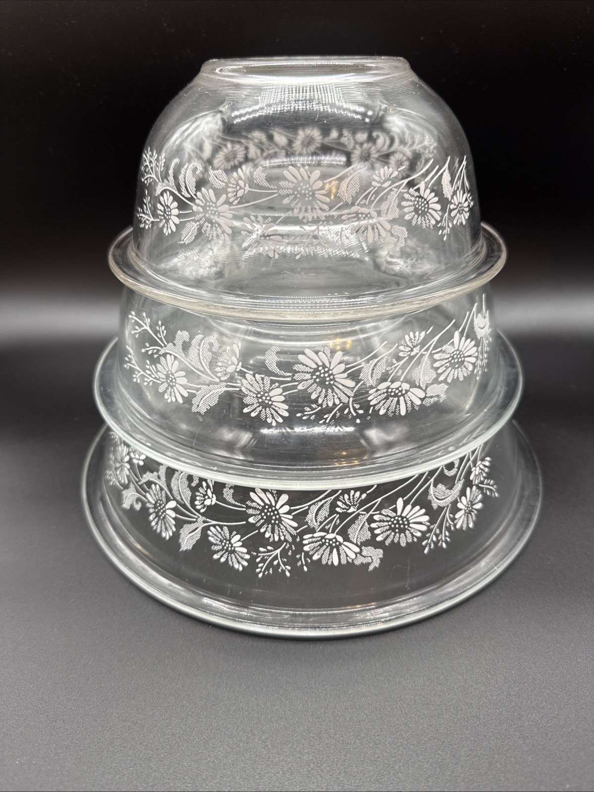 Vintage Pyrex COLONIAL MIST CLEAR Daisy Mixing Bowl Set 3 pc (322 323 325) Vintage Pyrex COLONIAL MIST CLEAR Daisy Mixing Bowl Set 3 pc (322 323 325)