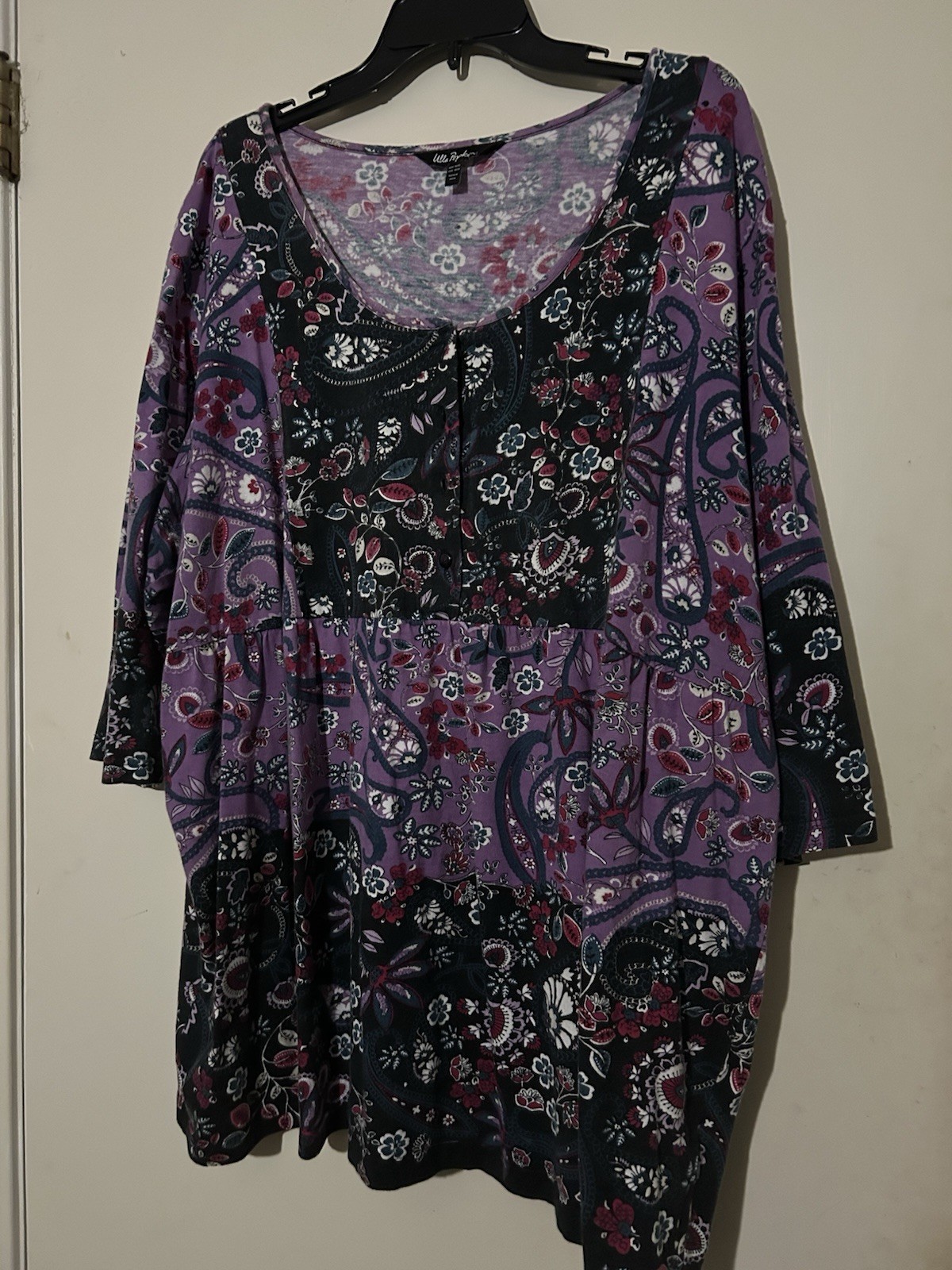 Ulla Popken Women’s Purple  Boho Tunic 3/4 Sleeve Scoop Neck Sz 20/22