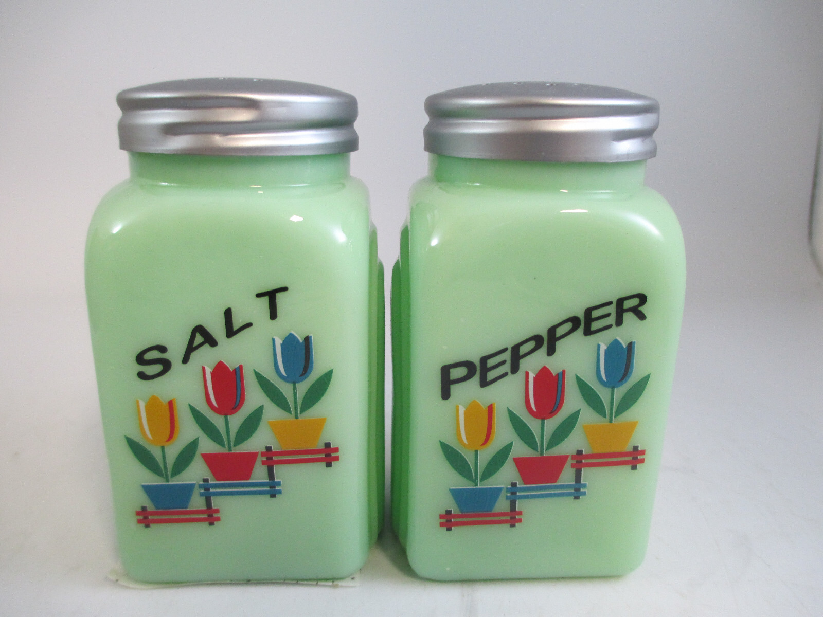 Jadeite Arch Salt Pepper Set Tulips Green Retro Reproduction Mid Century Style