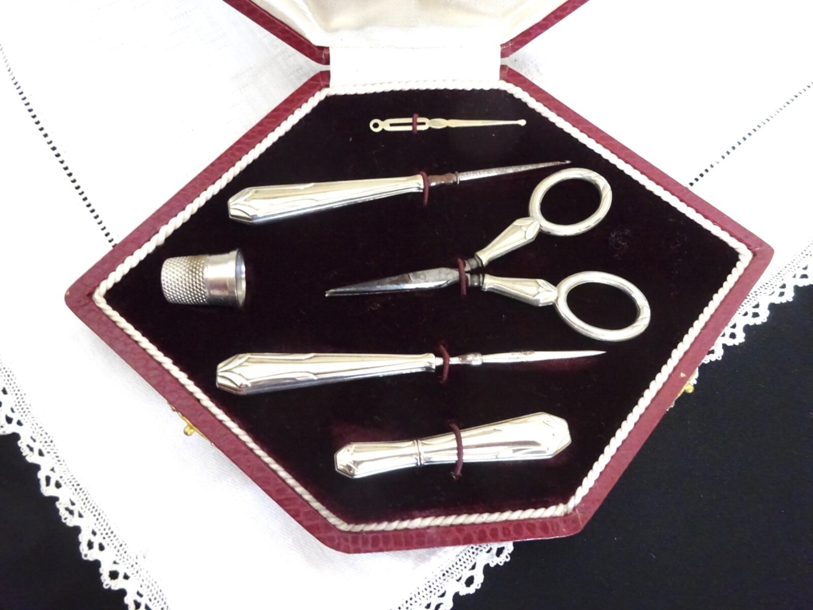 Art Deco Sewing Case French Silver Vintage Kit Antique Scissors Needle Case...