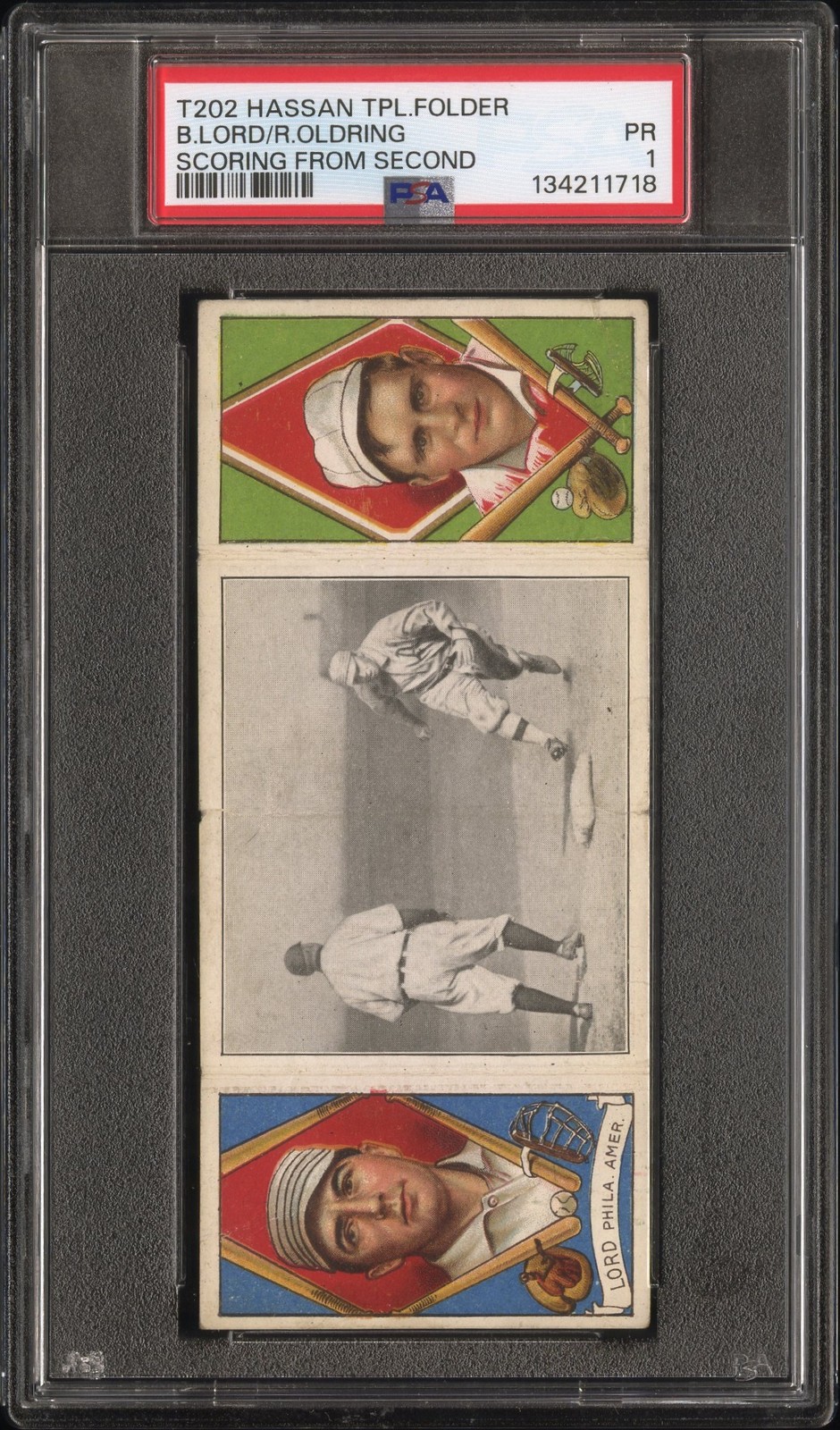 1912 T202 HASSAN TRIPLE FOLDER SCORING FROM SECOND B.LORD/R.OLDRING PSA 1