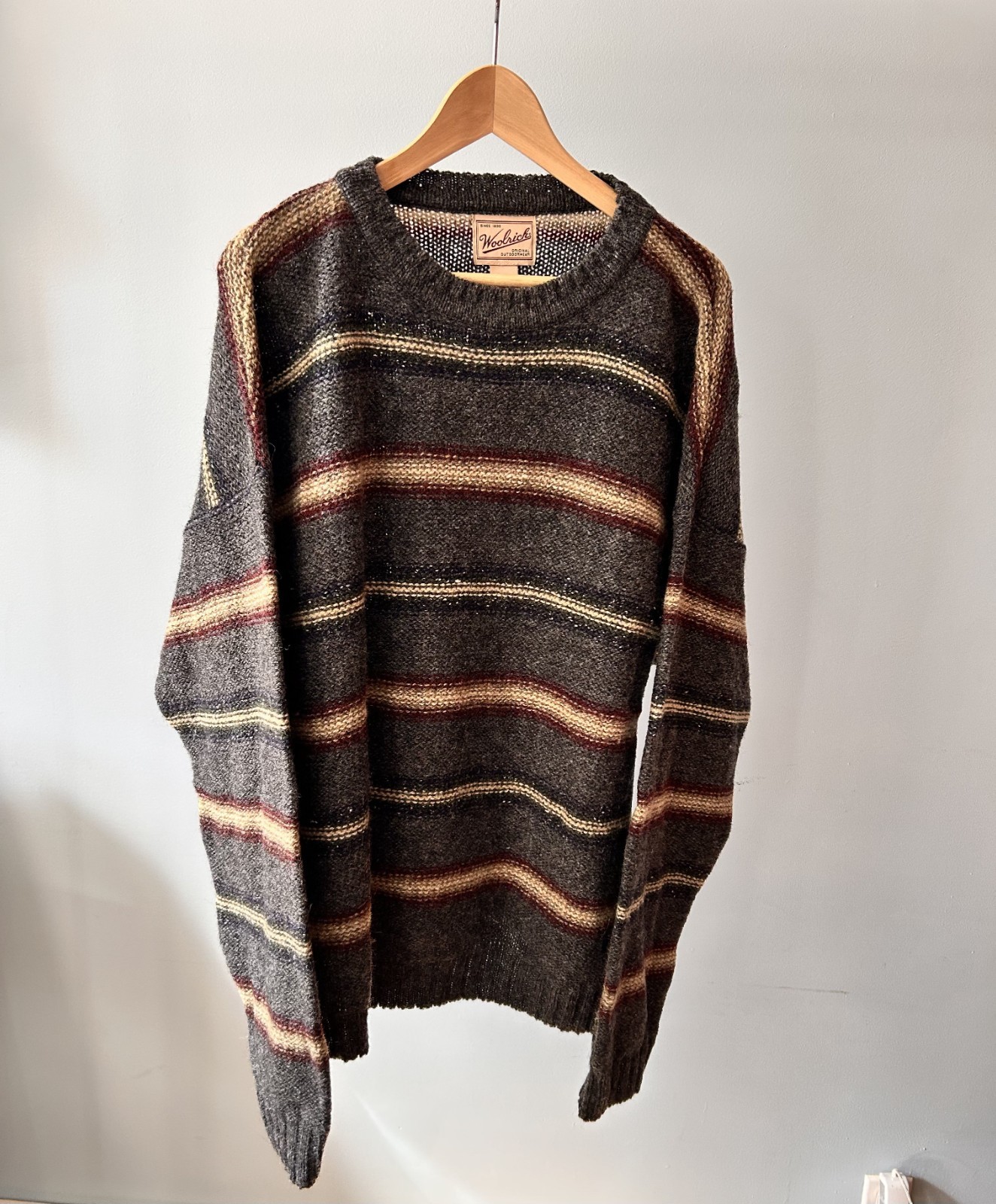 Vintage Woolrich Wool Sweater XL Textured Striped Grandpa Cabin Crewneck USA