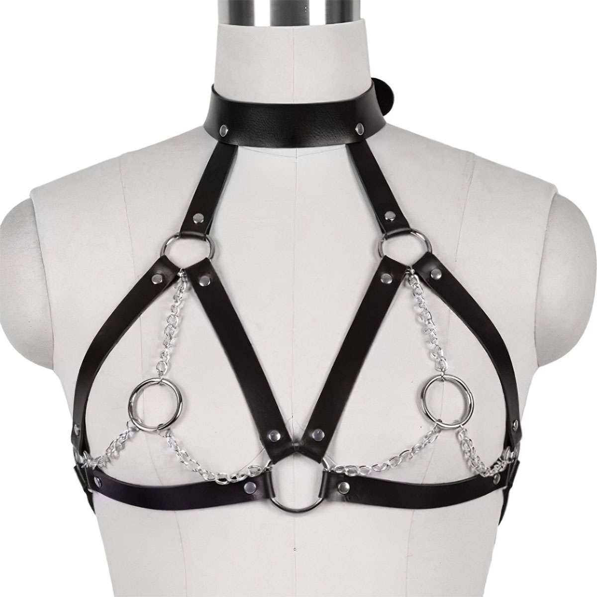 Women\'s Leather Harness Punk Gothic Metal Chain Tassel Body Caged Lock Bra Strap