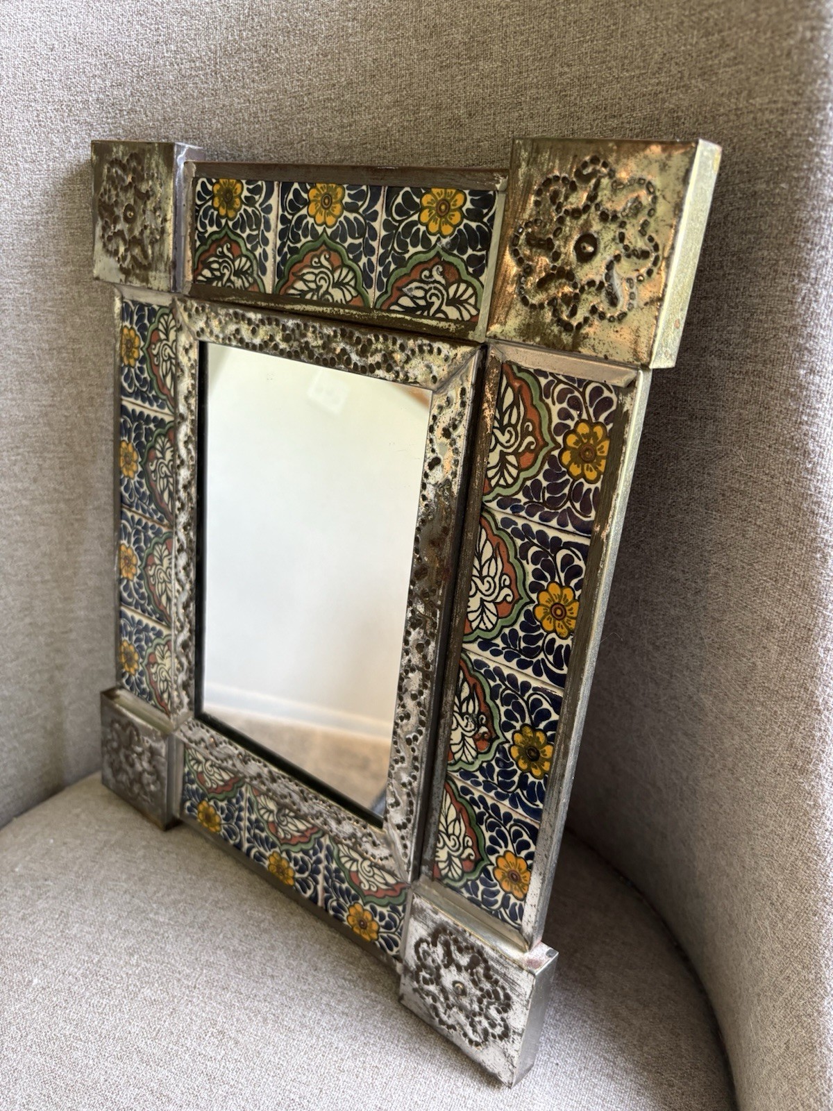 Mexican punched tin wall mirror hand-painted Talavera tiles  floral patterns