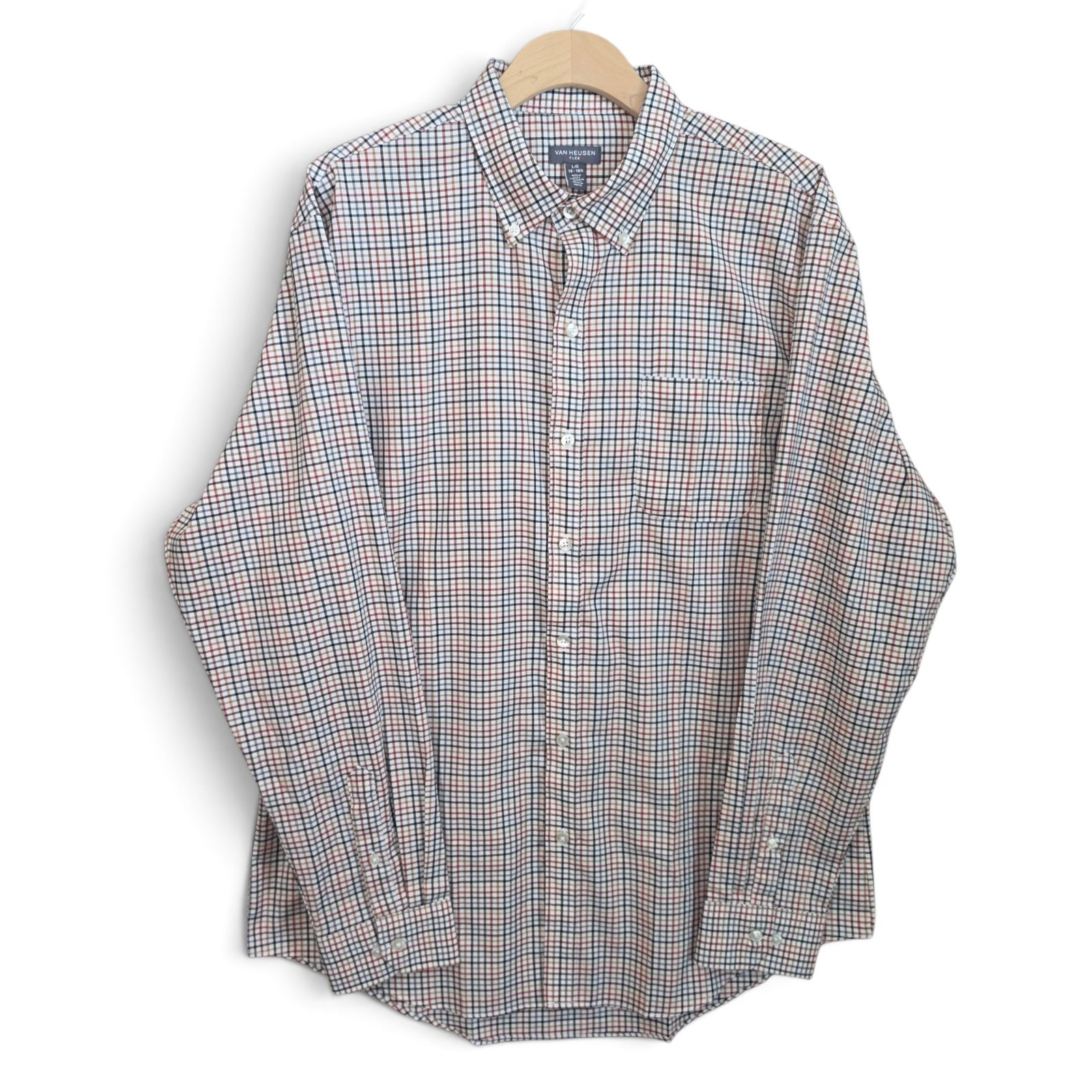 Van Heusen Mens Dress Shirt Large 16-16.5 Brown Flex Plaid Button Down Stretch