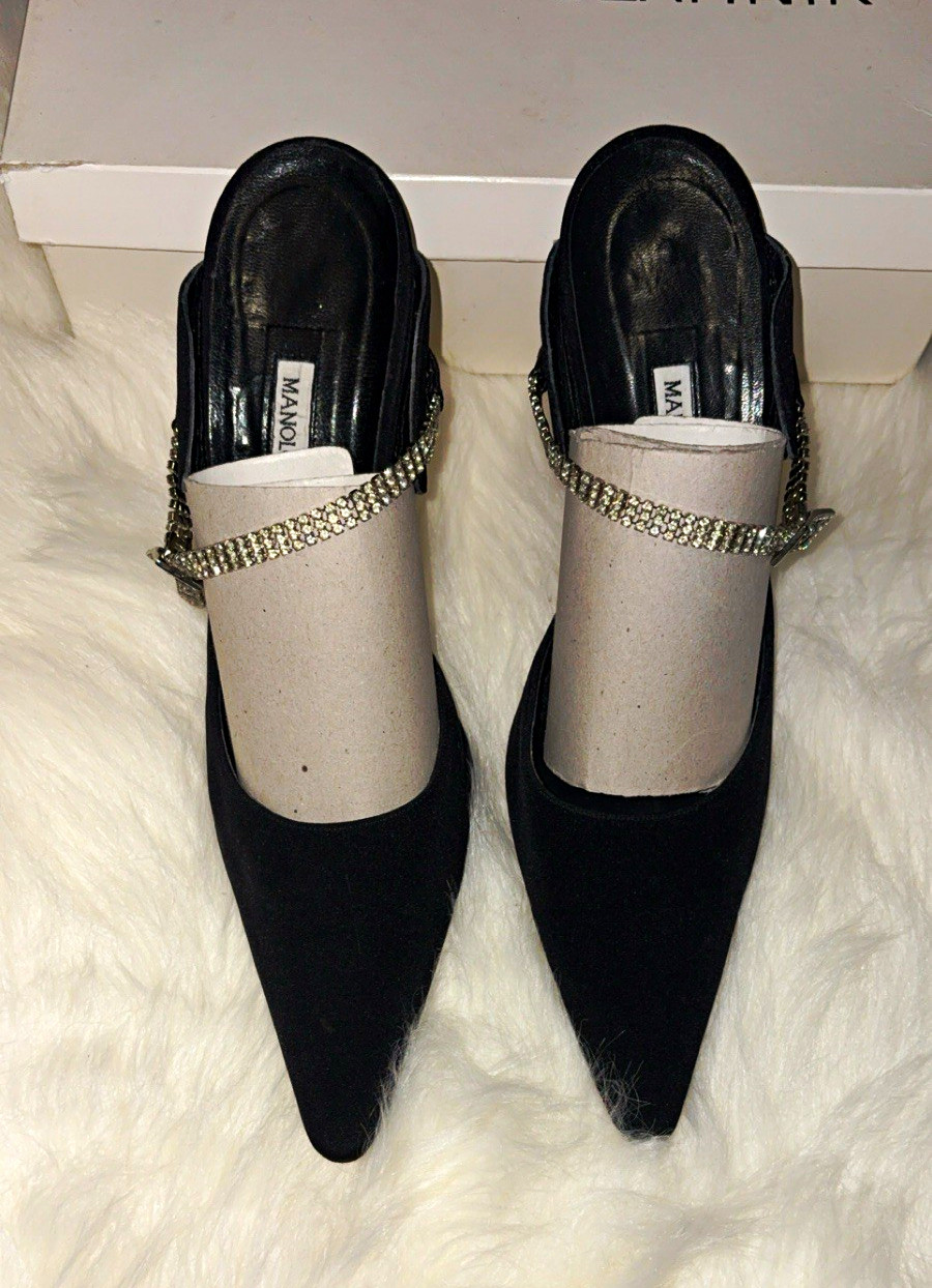 Manolo Blahnik Black Fabric Pointed Toe Pumps Buckle Strap Rhinestone EU 40