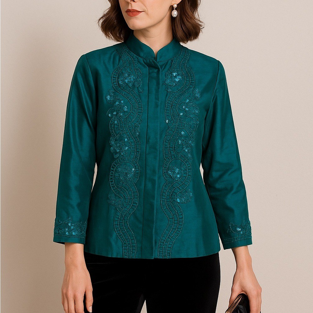 Chico\'s Teal Embroidered Button Down Shirt