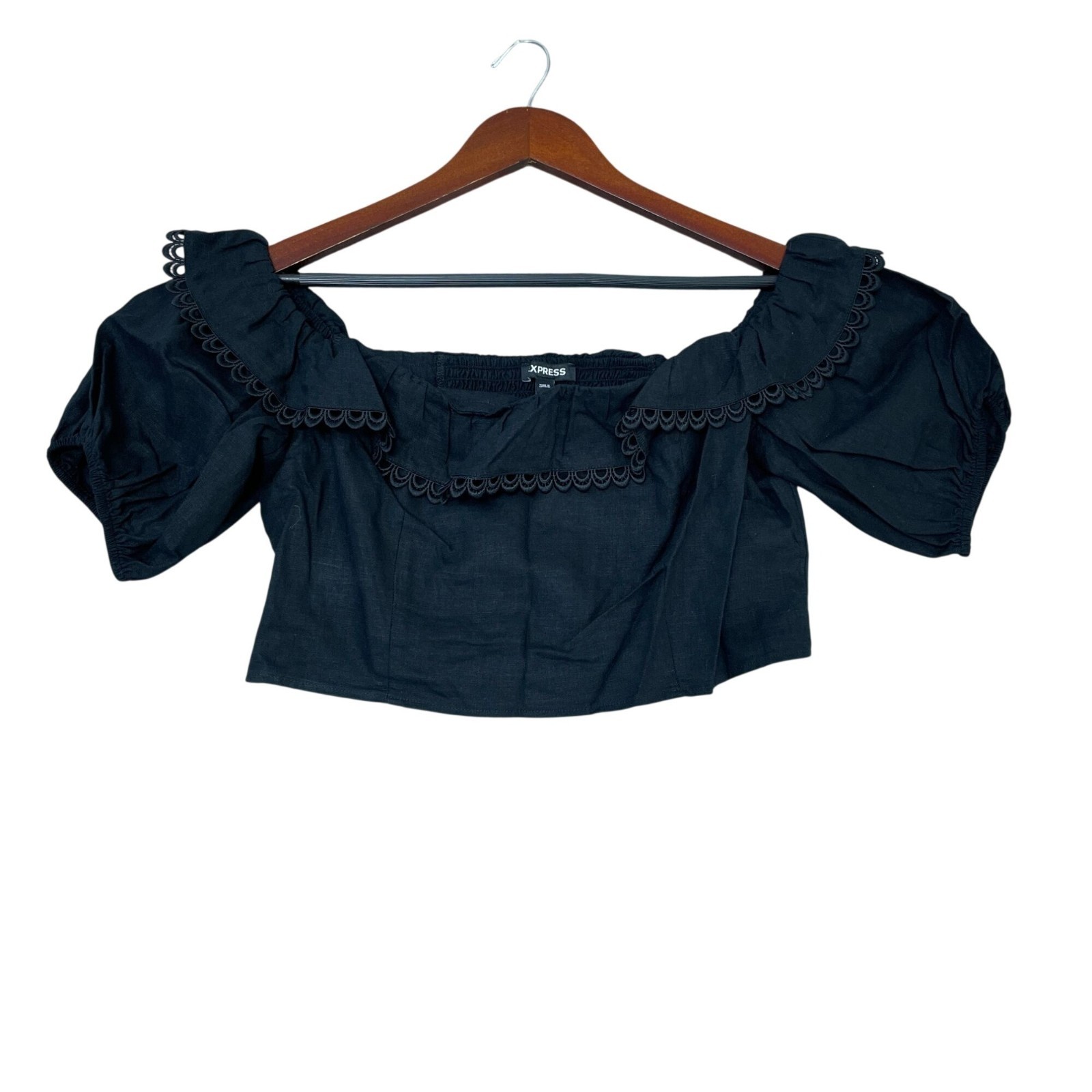 NWT Express Women\'s L Black Off-The-Shoulder Puff Sleeve Crop Top C0782 NWT Express Women\'s L Black Off-The-Shoulder Puff Sleeve Crop Top C0782