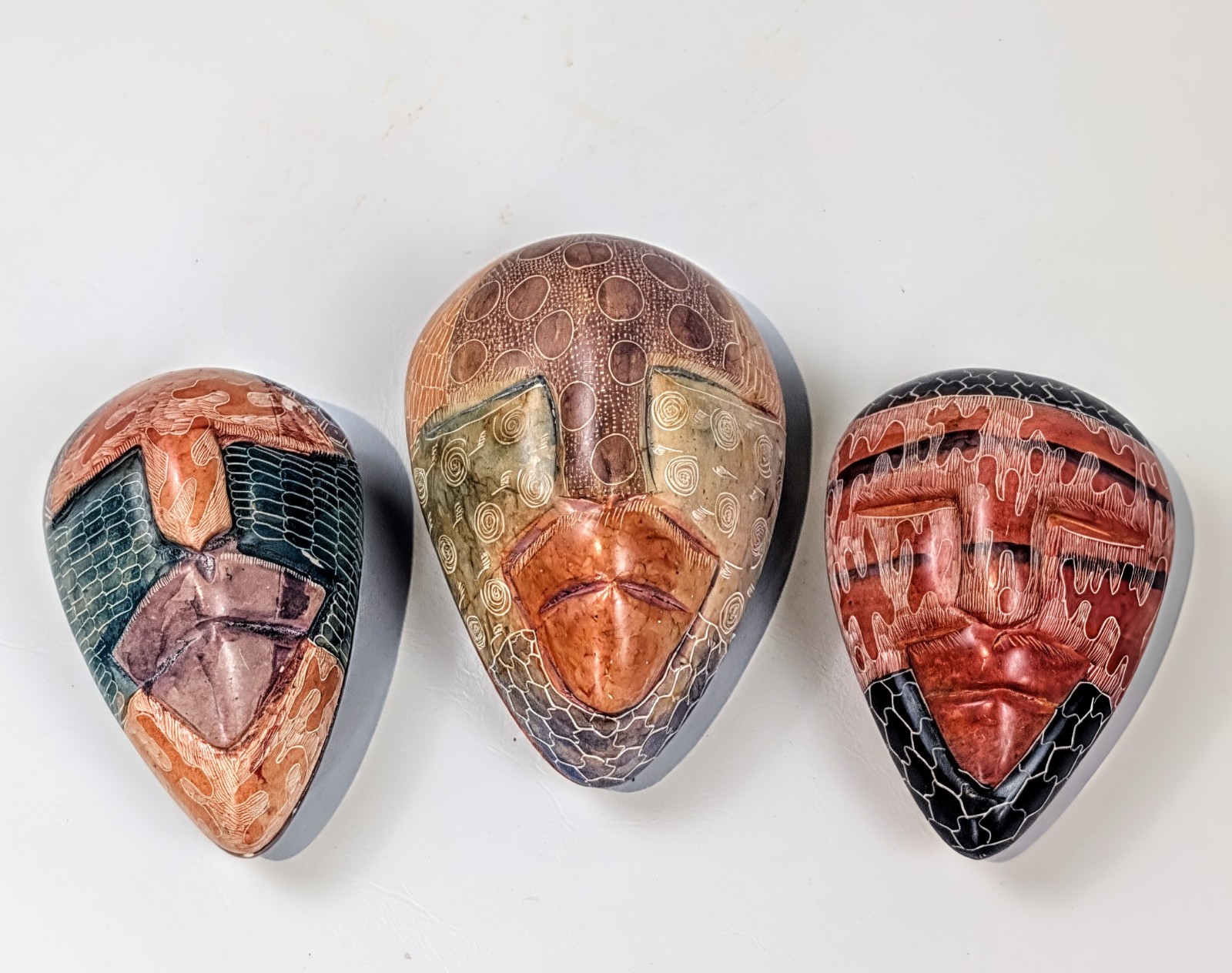 Vintage Kenyan Kisii Soapstone Tribal Mask Trinket Box Lot of 3 