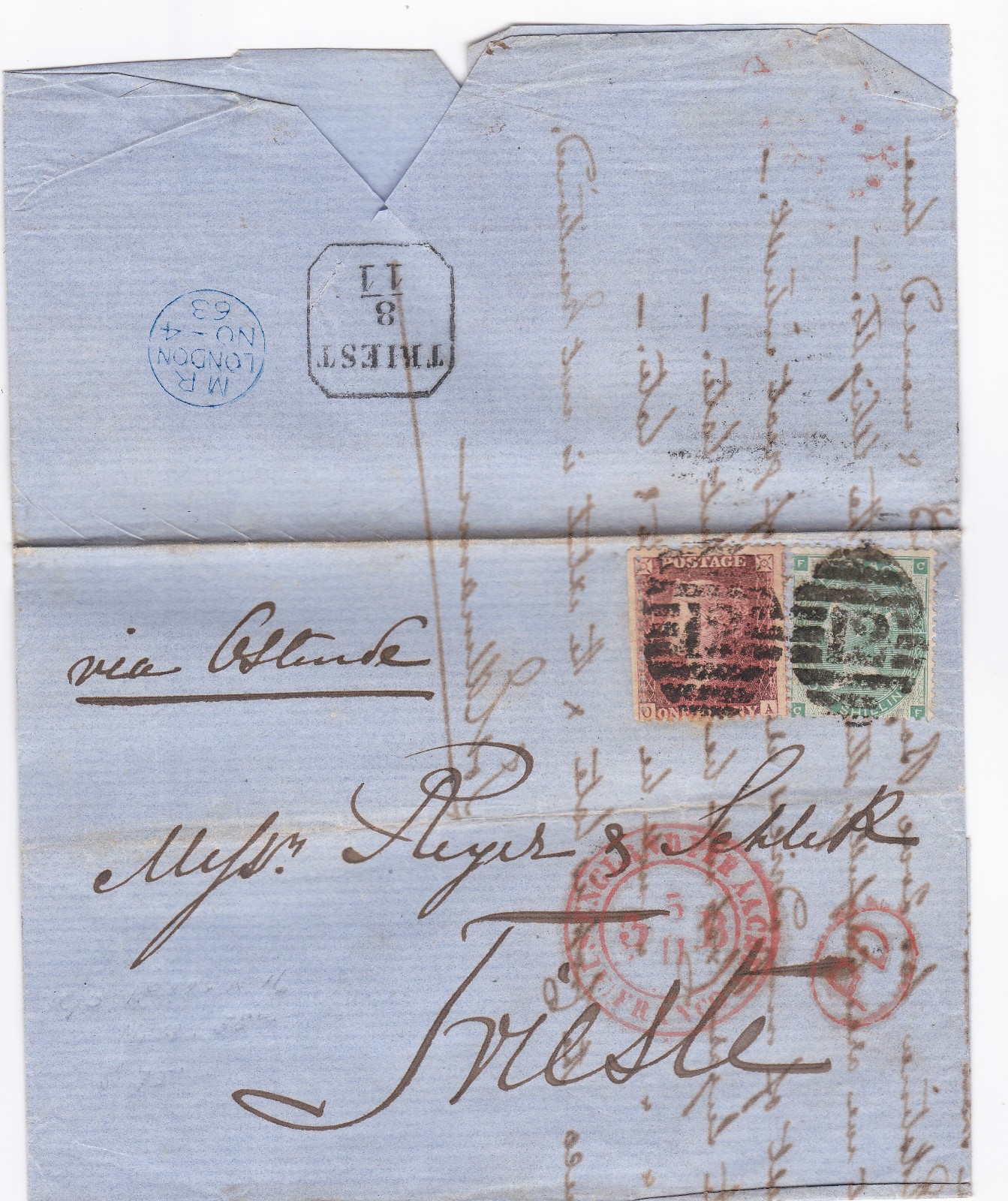 1863 QV 1d RED STAR + 1/- GREEN STAMP ON LONDON ENTIRE TO TRIESTE AUSTRIA FRANCO 1863 QV 1d RED STAR + 1/- GREEN STAMP ON LONDON ENTIRE TO TRIESTE AUSTRIA FRANCO