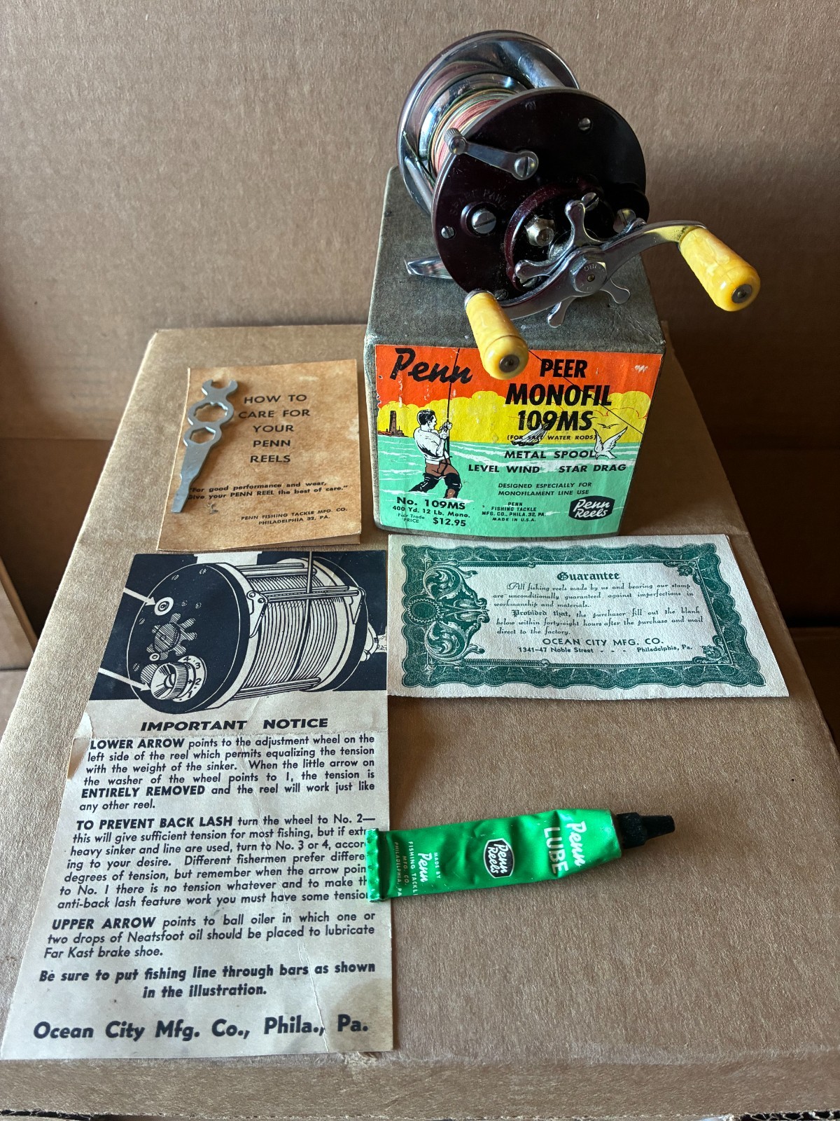 Vintage Fishing Penn Peer Monofil Reel 109MS With Original Box Papers Wrench