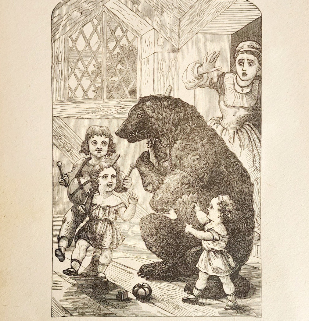1880s Circus Bear Playing With Children Wood Engraving Victorian Animals A4D