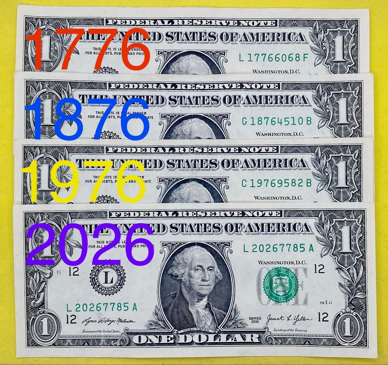 🇺🇸1776 1876 1976 2026 Independence Yr Set Fancy Serial Number One Dollar Bill