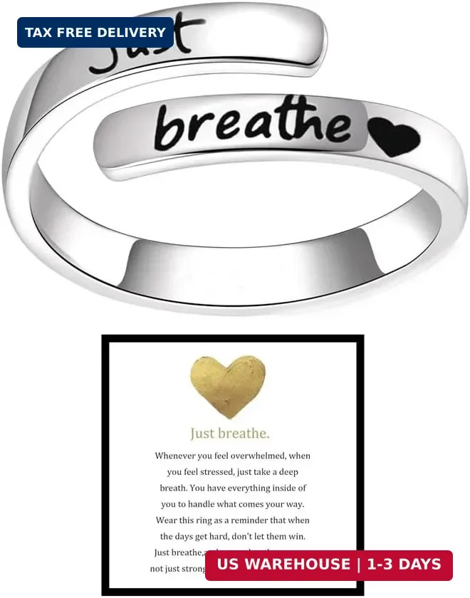 Angyape Just Breathe Ring For Women, Adjustable Inspirational Heart Rings Stainl