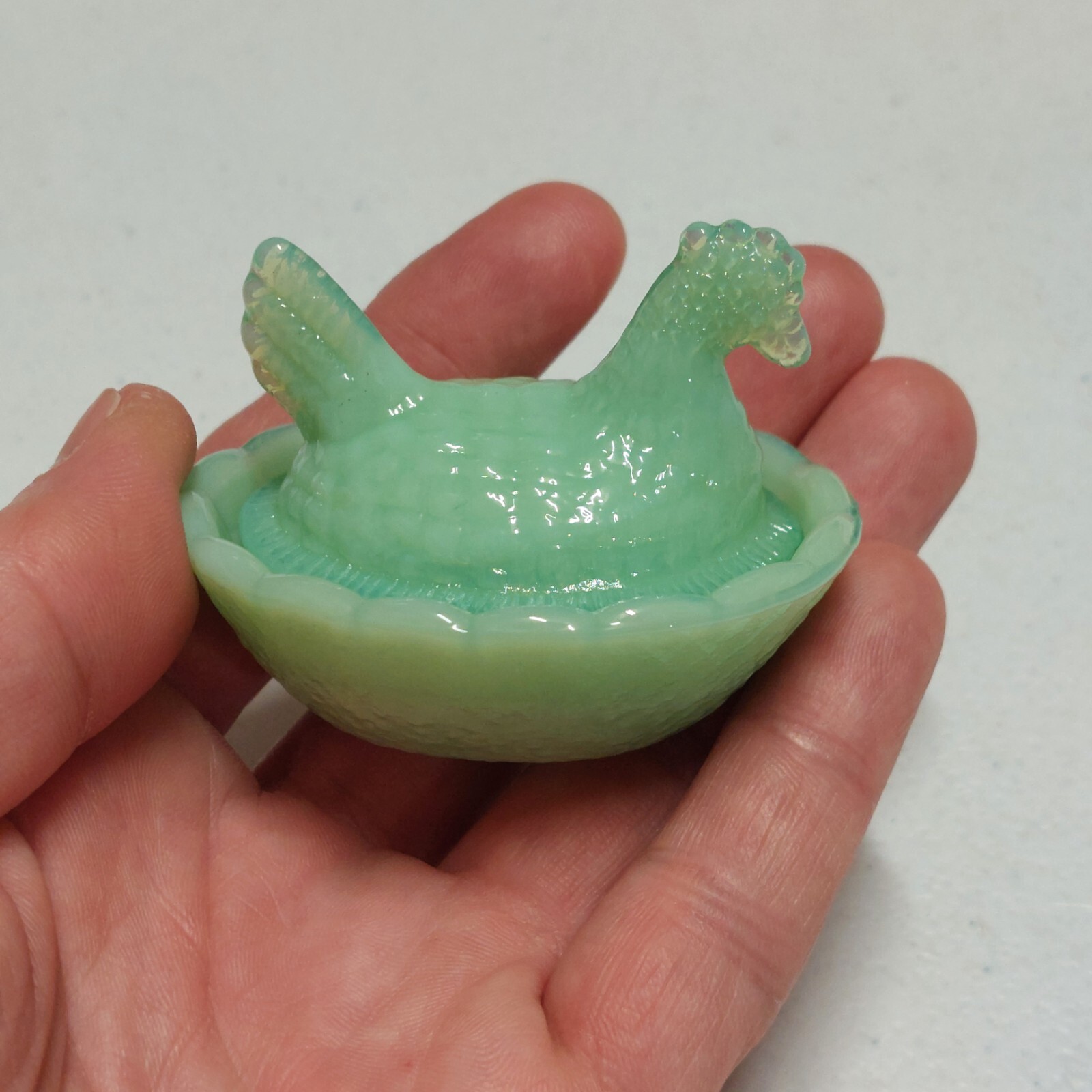 Jadeite Depression Style Glass Mini Hen On Nest Chicken Salt Dish, Vintage Style