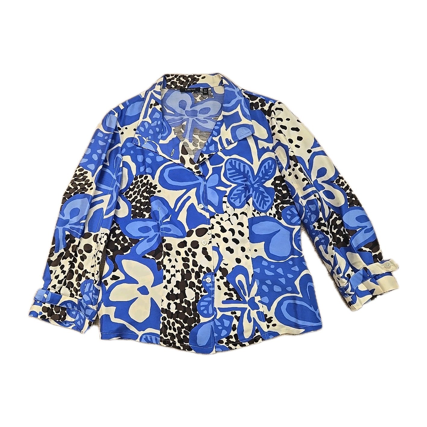 VTG Carlisle Blazer Jacket Blazer Womens Sz 12 Blue White Floral Art Silk Boho