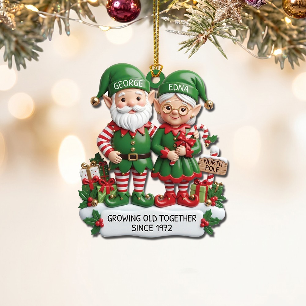 Personalized Growing Old Together Elf Couple 2D Flat Plywood Christmas Ornament