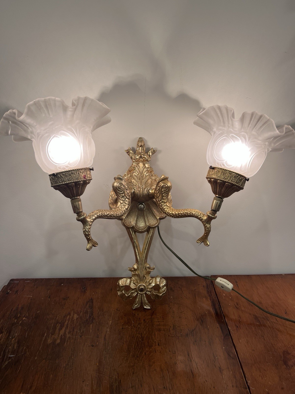 Antique Gilt Rococo 2 Arm Wall Sconce Electric Corded Fish Glass Scallop Shades Antique Gilt Rococo 2 Arm Wall Sconce Electric Corded Fish Glass Scallop Shades