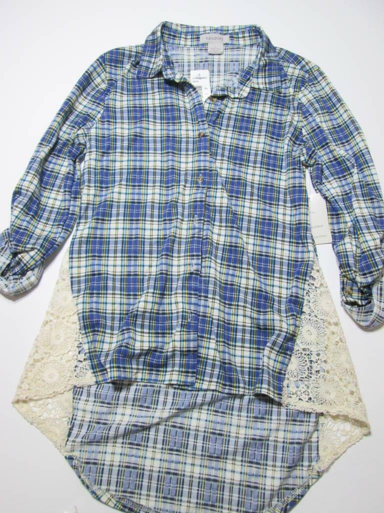 NWT Passport Womens Size S Tunic Blue/Navy Check Buttons Front Collared Lace NWT Passport Womens Size S Tunic Blue/Navy Check Buttons Front Collared Lace