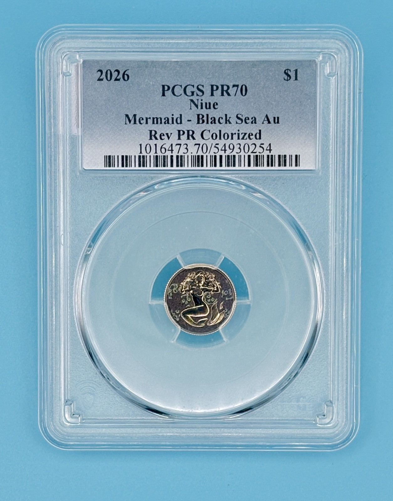 GOLD • 1 g • 2026 Niue Mermaid-Black Sea • Colorized • Rev PR • PCGS PR70 • Au