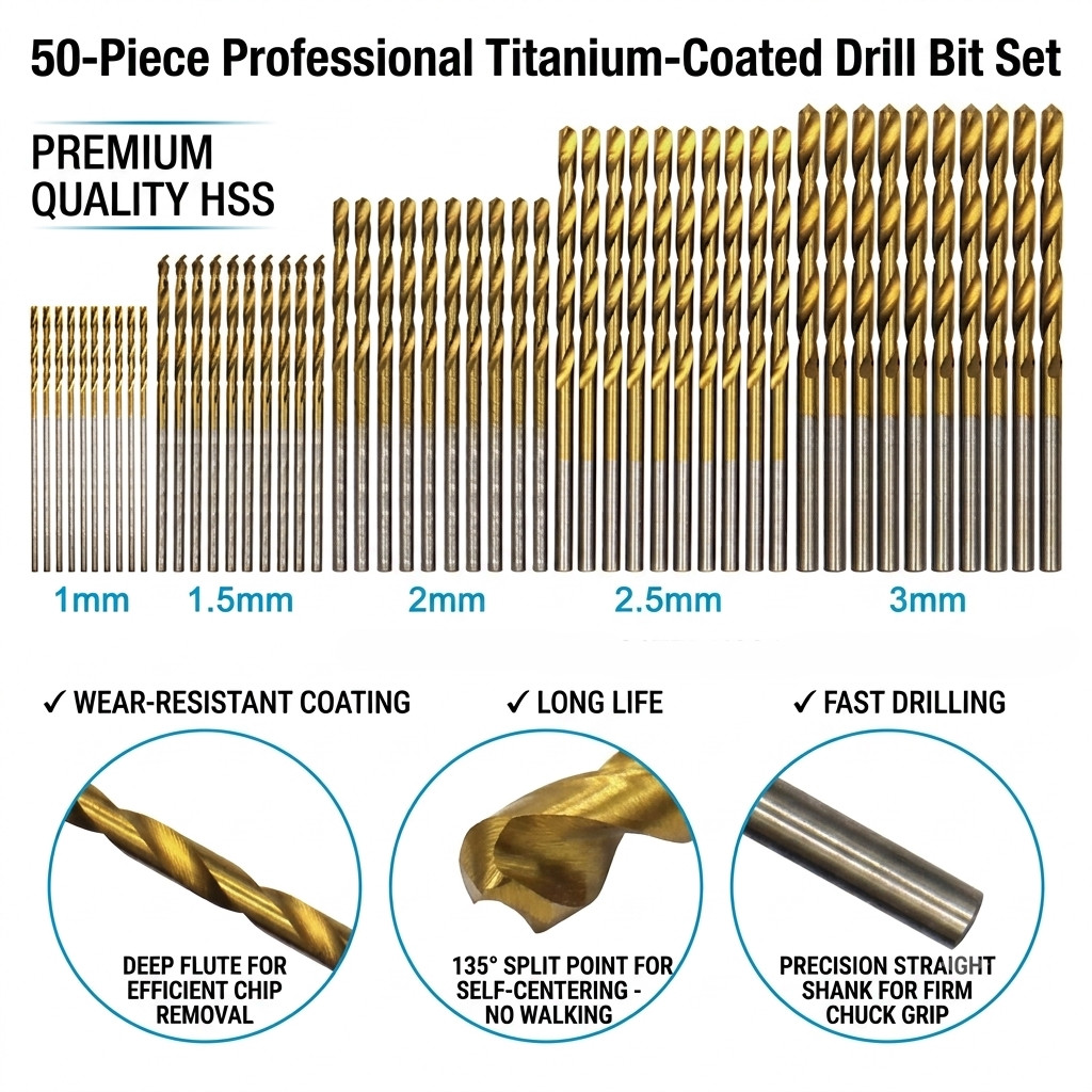 50pc Titanium Plated Twist Drill Set 1-3mm Small Drill Bit Electric Drill Tool