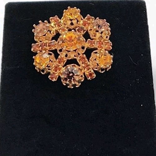 Vintage Made in Austria Topaz Citrine Glass Rhinestone Snowflake Brooch