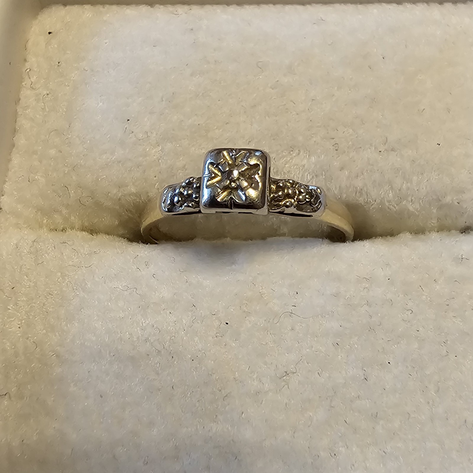 Vintage 14K Two-Tone Gold Illusion Diamond Engagement Size 6.75 1.3g Mid-Century