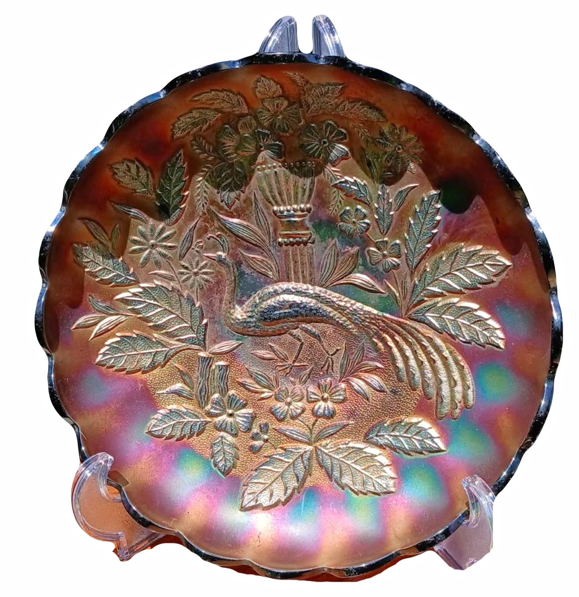 Northwood Peacock & Urn 10” Master Ice Cream Bowl Marigold Carnival Glass