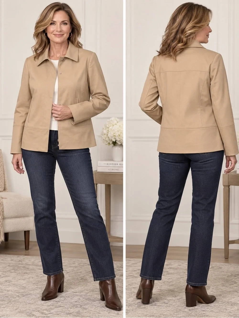 Carlisle Jacket Womens Size 8 Camel Tan Snap Front Collared Lined Quiet Luxury