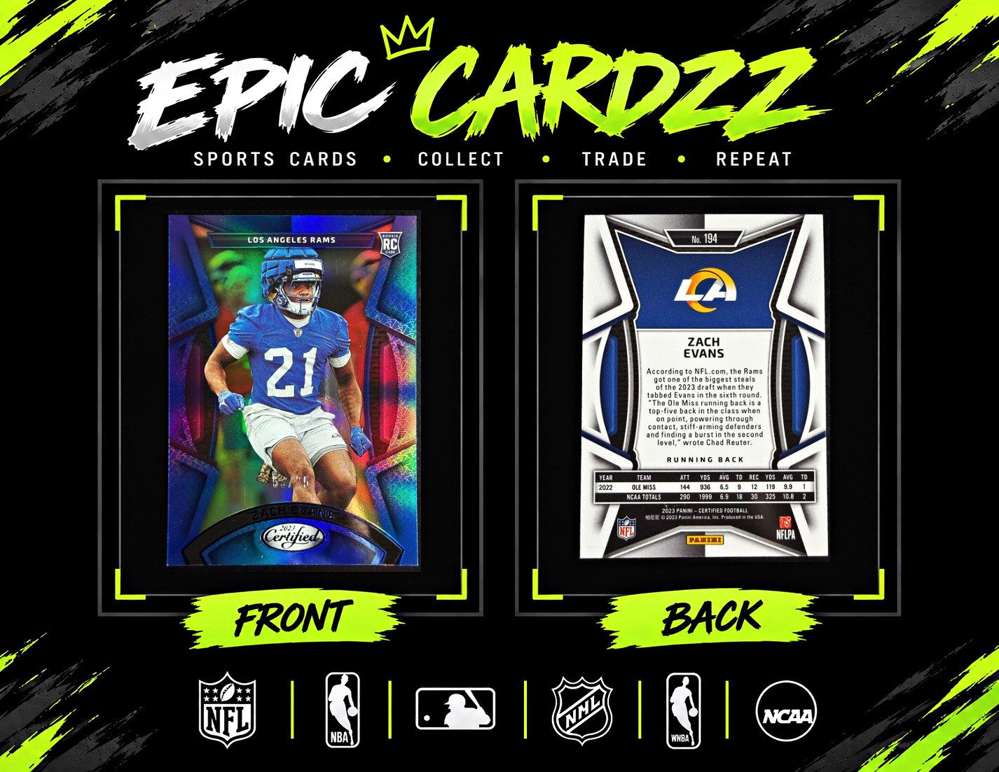 Panini 2023 Certified Zach Evans Mirror Blue Rookie /75 #194 Los Angeles Rams