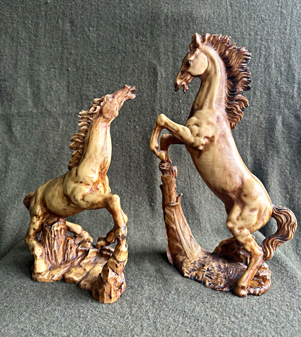 Vintage Italian Alabaster Resin Rearing Stallion Horse Sculpture Pair Signed AB