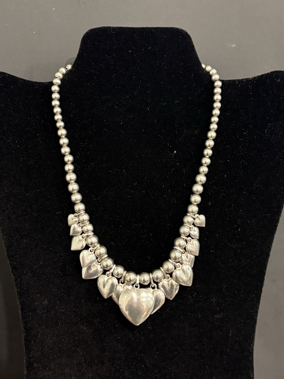 Vintage 80s Sterling Silver Puffy Heart Charm Necklace 55.8g Graduated Bead 16\